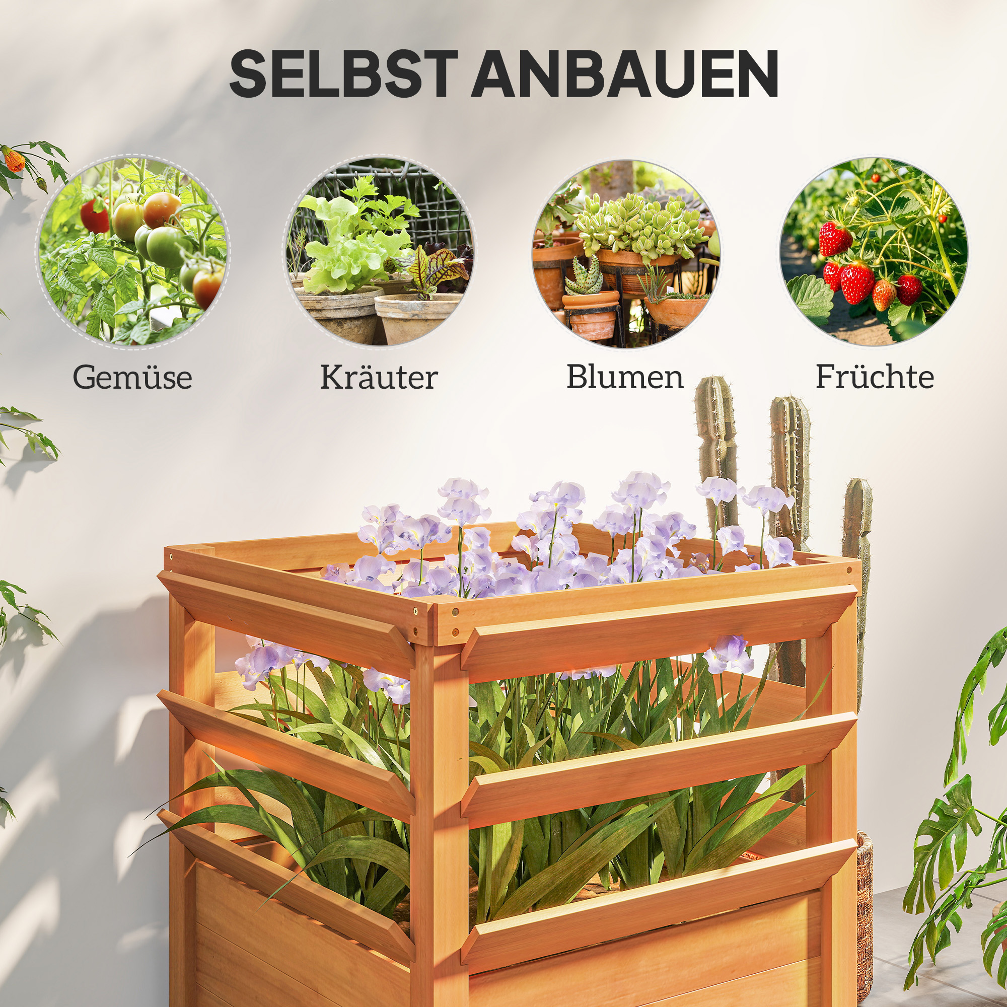 Hochbeet Pflanzkasten mit Rankgitter, Spalier Pflanzkübel Blumenkasten Holz 65 x 65 x 60 cm Karamellbraun