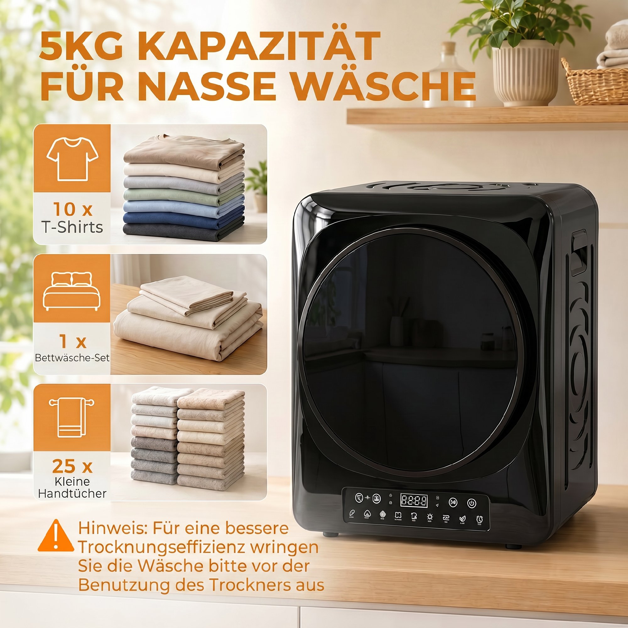 1000 W Kompakt-Ablufttrockner mit Extra-Trocken & ECO-Modi, Timer- und Temperatureinstellungen, Schwarz