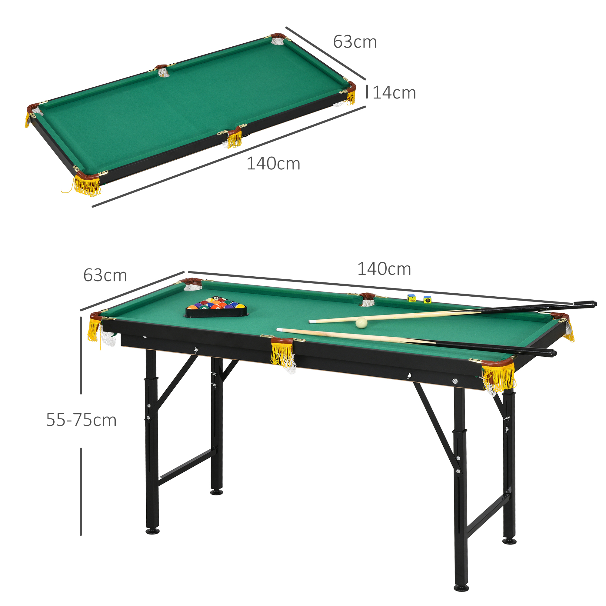Billardtisch, klappbar, höhenverstellbar, inkl. Dreieck/2 Queues/16 Kugeln, Grün