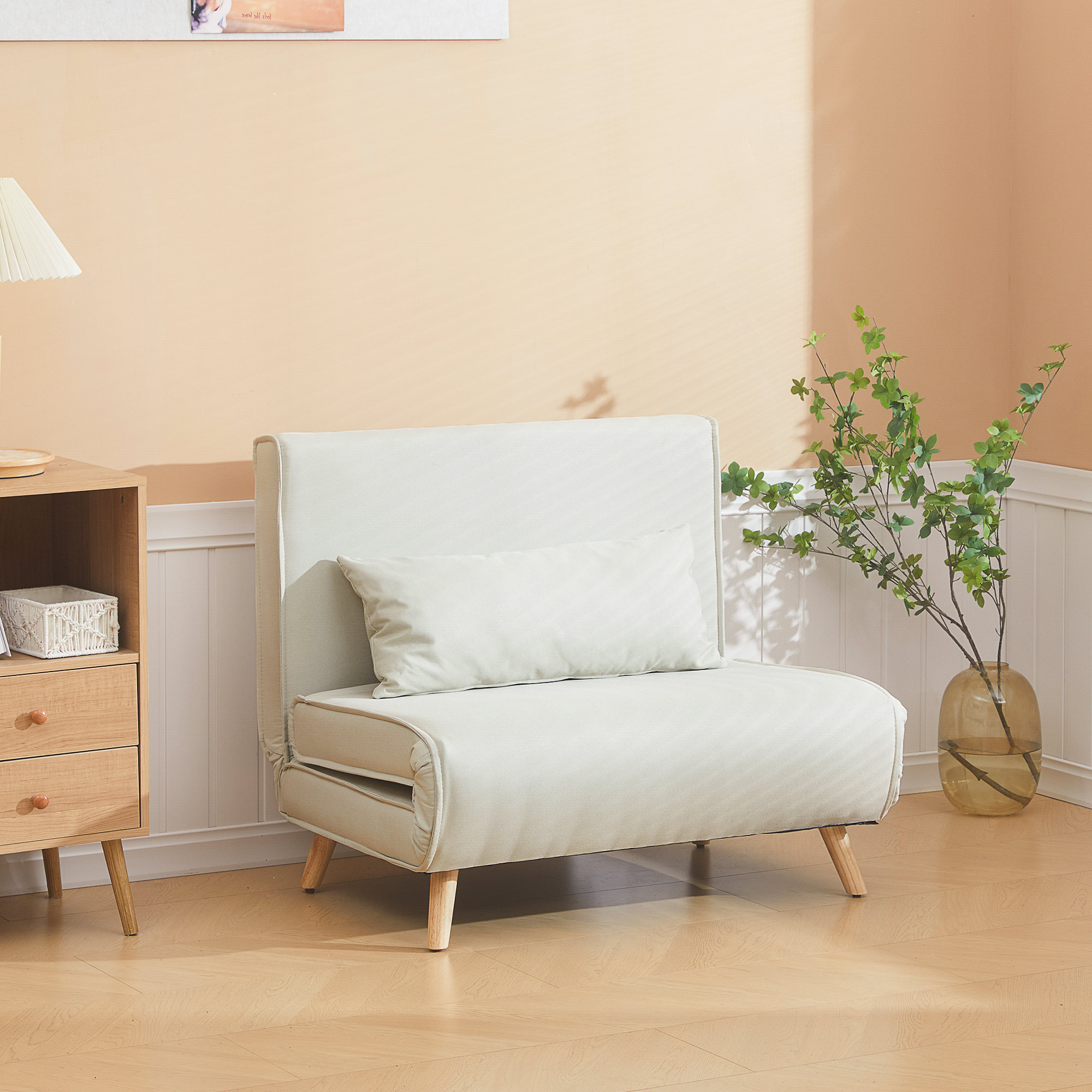 Einzelsofa Schlafsofa Sofabett Klappsofa verstellbar Rückenlehne Liege nordisch skandinavisch 25D Schaumstoff Haus Leinenimitat Kautschukholz Cremeweiß 94 x 78 x 80 cm