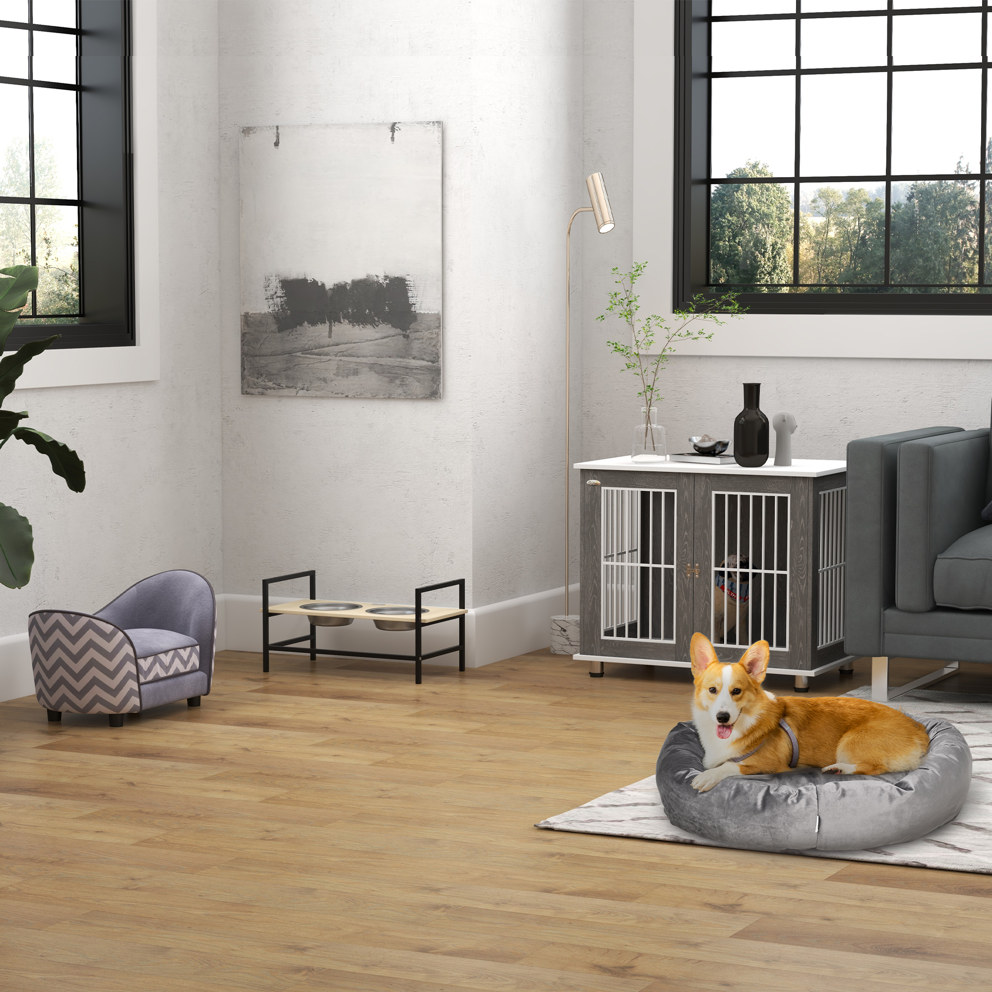 Haustiersofa Hundecouch Hundesofa Hundebett Hundematte Katze Kissen gepolstert Holz Schaumstoff Grau 68,5 x 40,5 x 40,5 cm