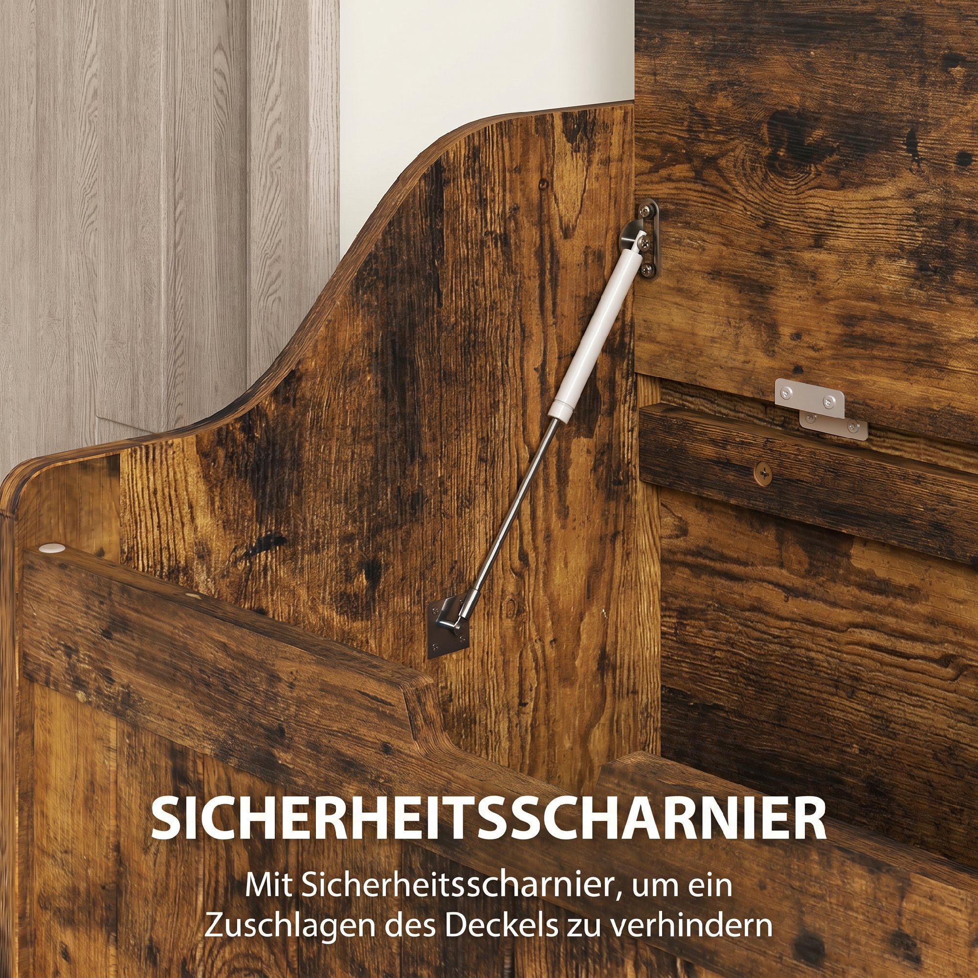 Aufbewahrungstruhe mit Sicherheits-Scharnier, Holztruhe mit Griffmulde für Wohnzimmer & Flur, Rustikal-Braun