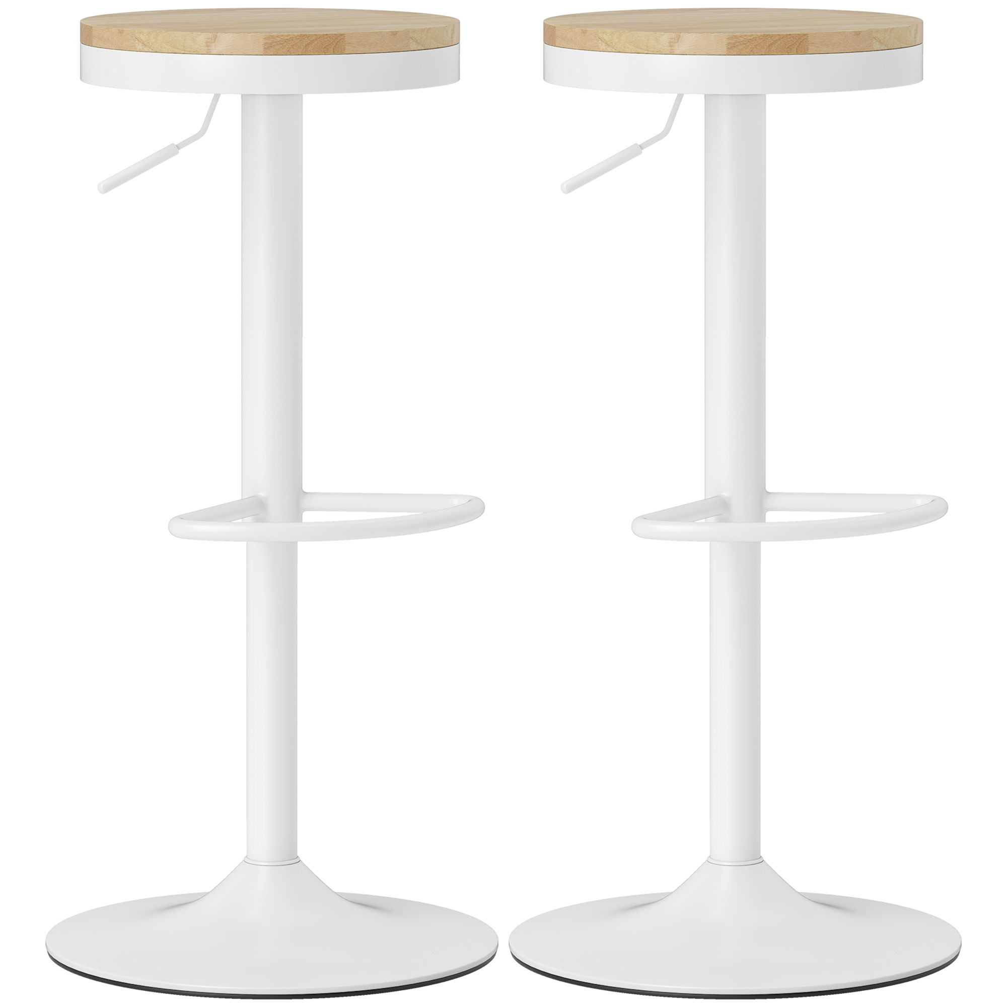 Barhocker 2er Set, Höhenverstellbar 360° Drehbar Barstuhl mit Stahlgestell Fußstütze 38,5x38,5x60-80 cm Naturholz+Weiß