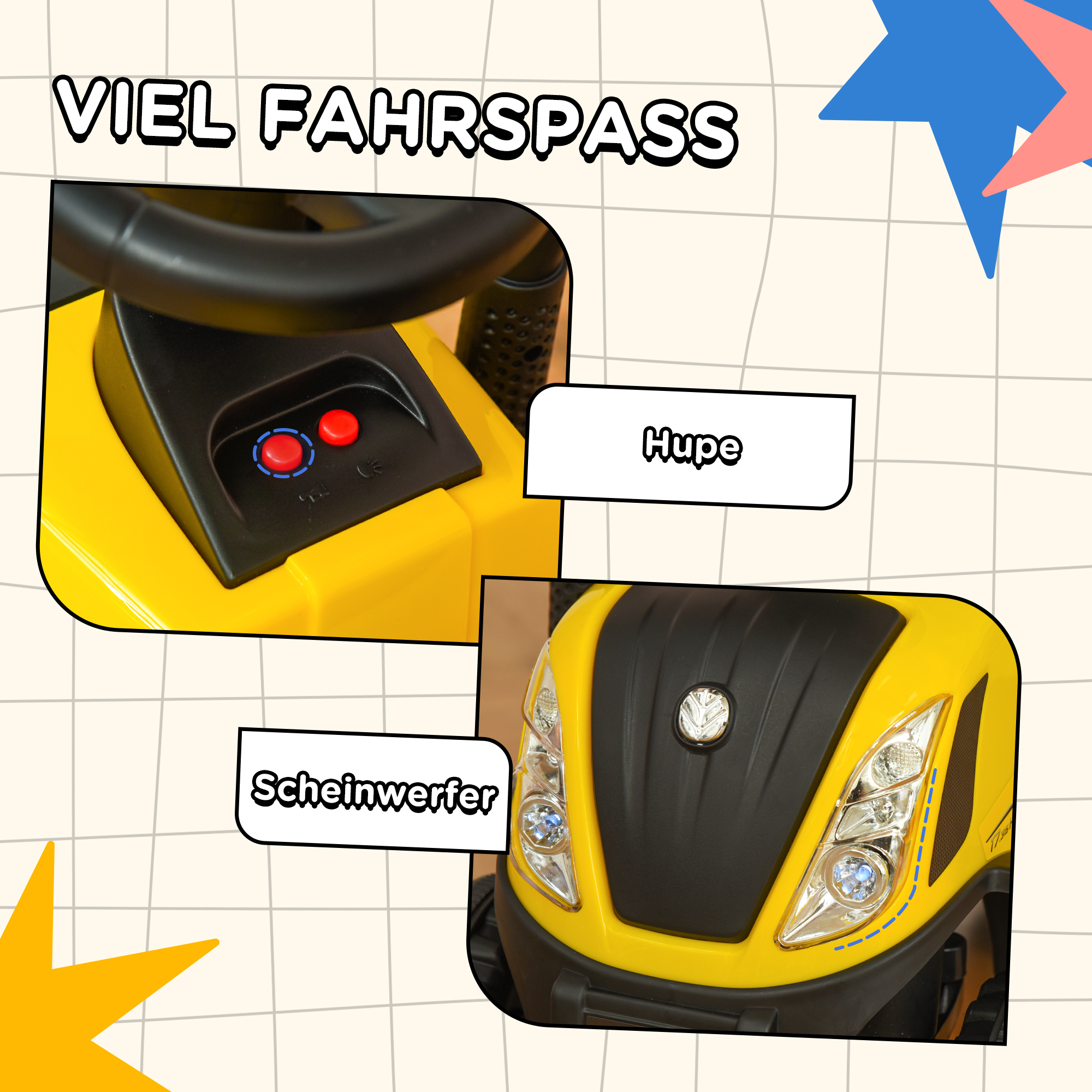 Rutsch-Traktor mit Anhänger, Hupe, Sandspielzeug, ab 1 Jahr, Kunststoff+Metall, gelb, 91 x 29 x 44cm