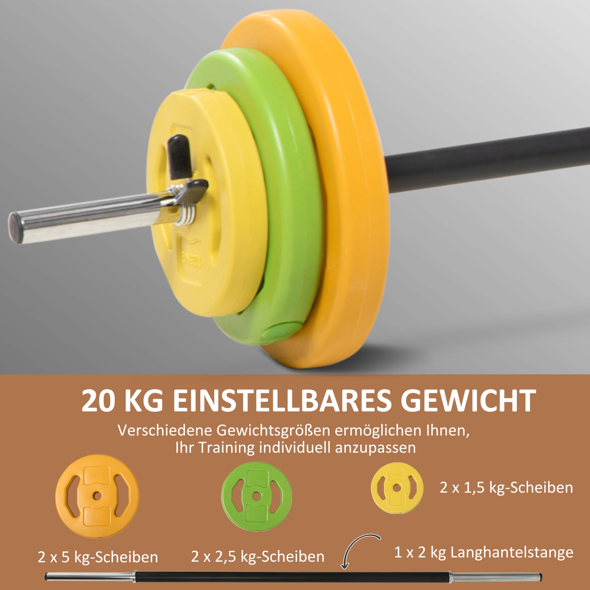 Hanteln Set 20kg Hantelset aus Gusseisen Kurzhanteln mit Verbindungsrohr Rutschfester Griff Mehrfarbig