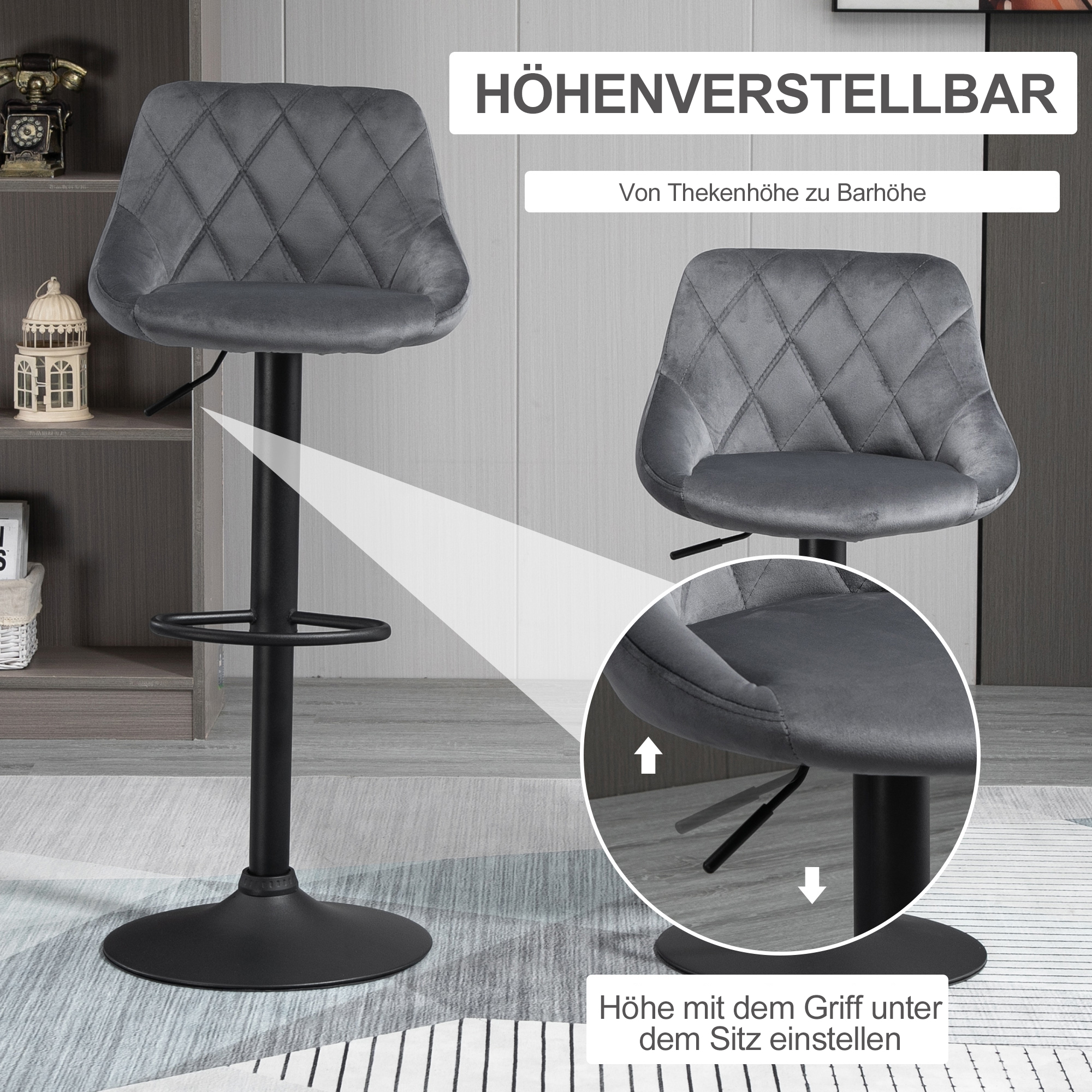 2er-Set Barhocker, Höhenverstellbare Barstuhl mit Lehne, Samtoptik, Metallgestell, Fußstütze, drehbare, Dunkelgrau