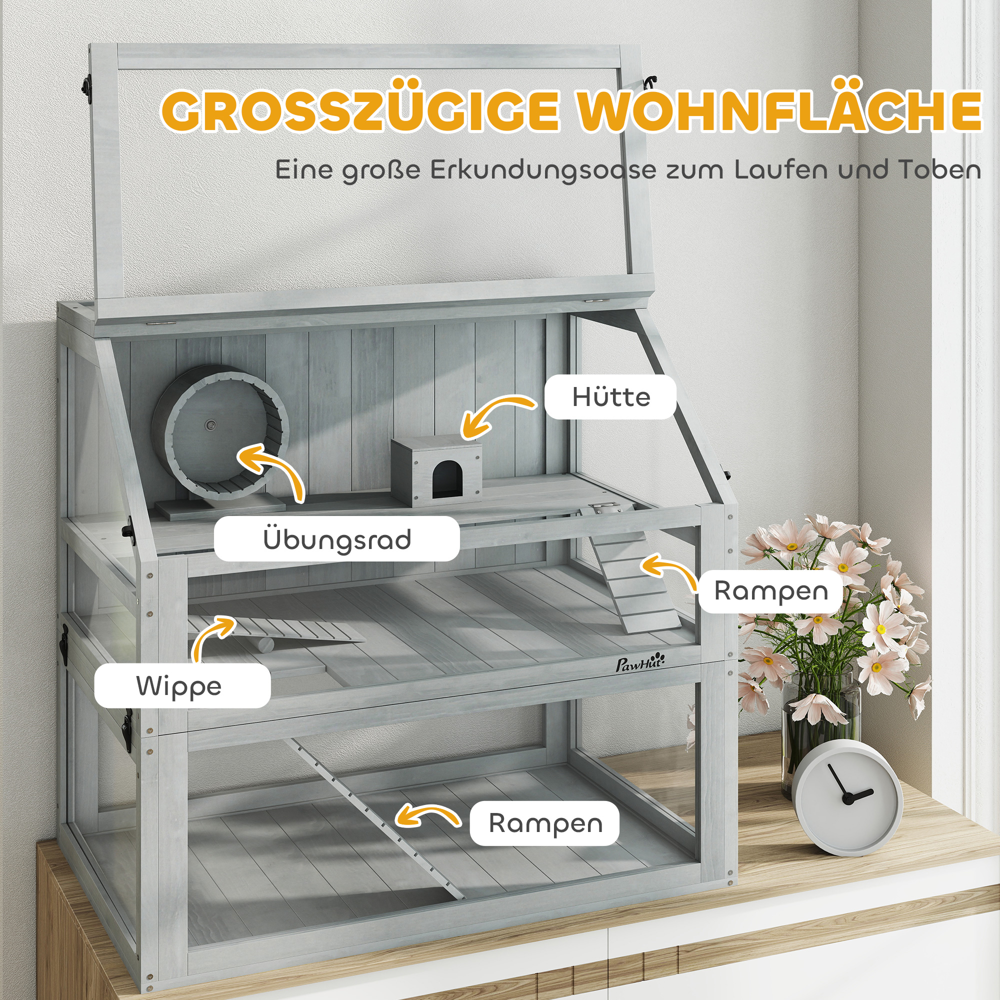 Hamsterkäfig Holz, 3 Etagen mit Untergeschoss, abnehmbare Ebene, für Kleintiere, 80x50x76cm, Hellgrau