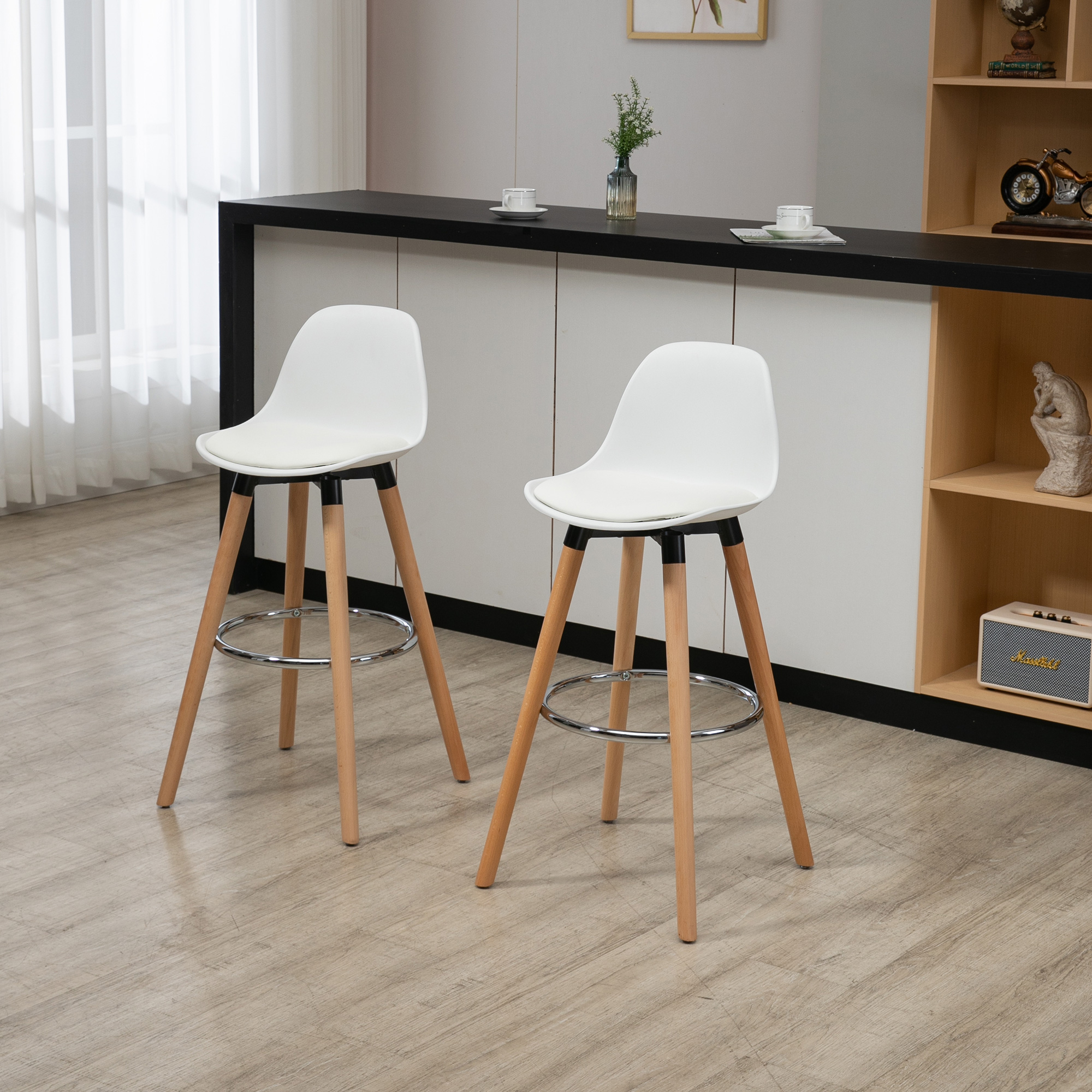 2er-Set Barhocker Barstühle Skandi-Design, Fußtstütze, 38,5 cm x 42,5 cm x 91 cm, Natur + Weiß