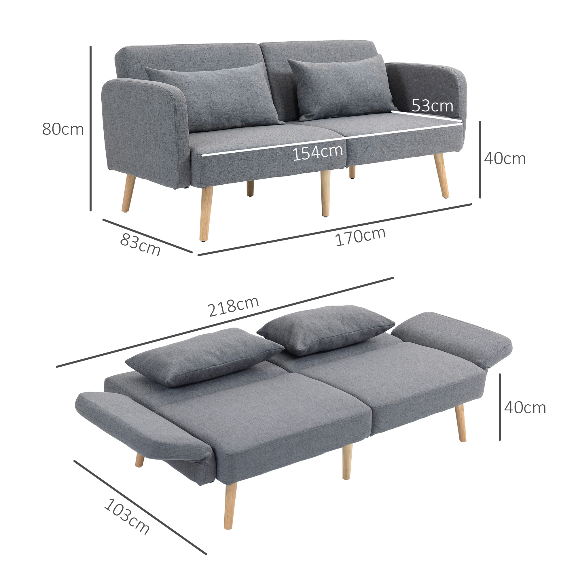 3-Sitzer Schlafsofa, Gäste-Doppelbett, bis 240 kg, Klapplehnen, Holzrahmen, 170 x 83 x 80 cm, Grau