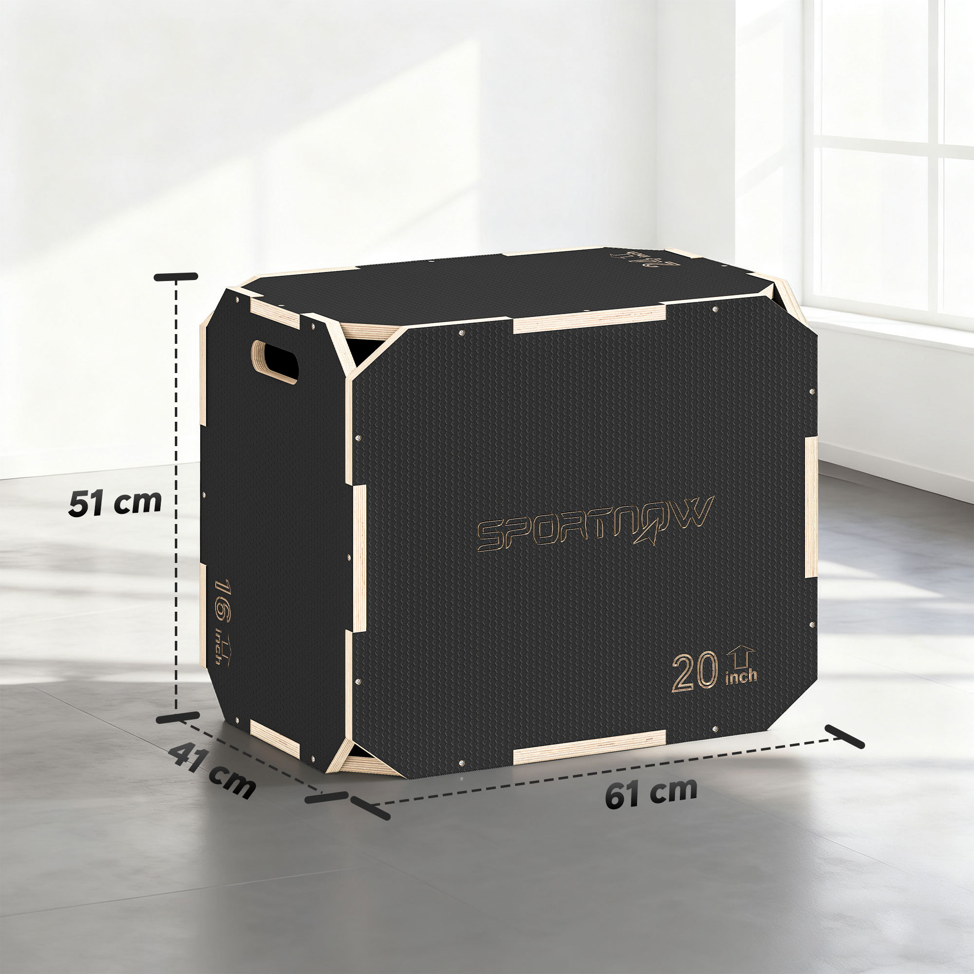 3-in-1 Plyo-Box, Sprungbox mit Griff-Öffnungen, für Home-Fitness und Outdoor-Workouts, 3 Sprunghöhen, Holz, Schwarz