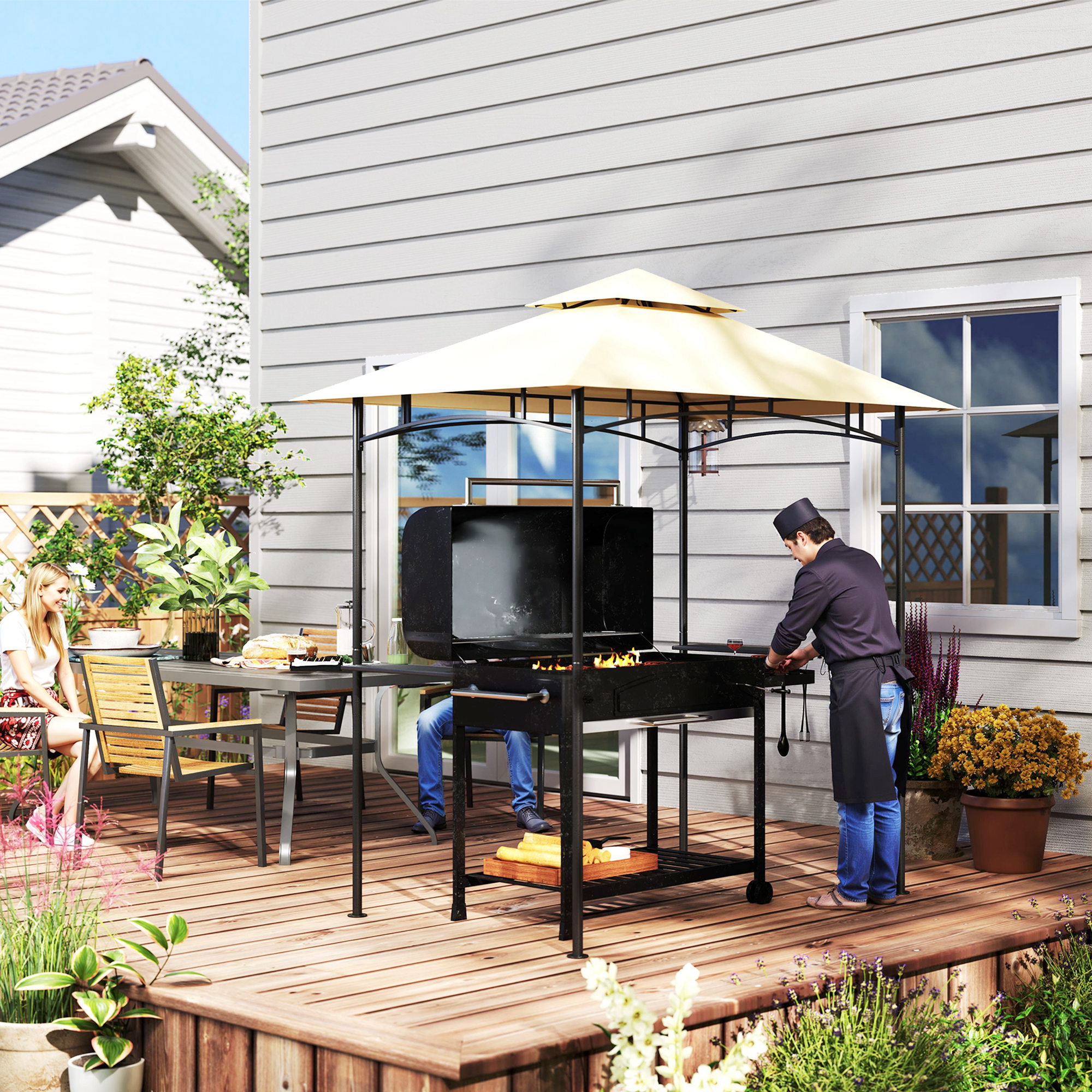 Grillpavillon mit LED 240 x 150 x 258 cm wasserabweisend flammhemmend Gartenpavillon mit Doppelschichtdach