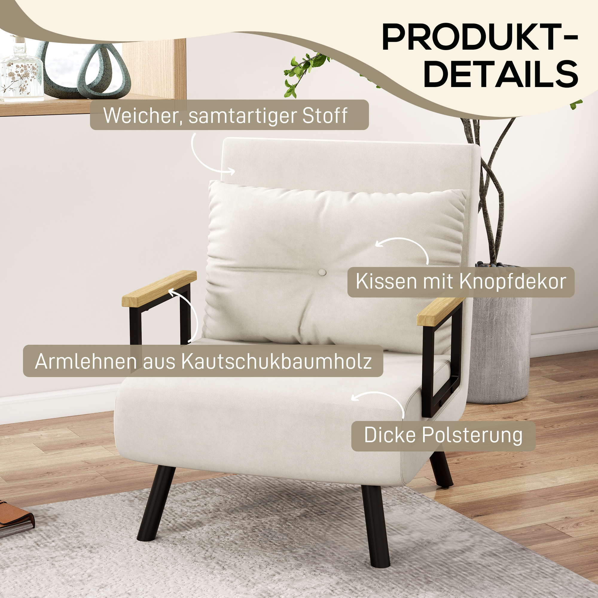 Relaxsessel im Skandidesign, Liegesessel, Lesesessel. ink. Kissen mit Knopfhefung, Cremeweiß