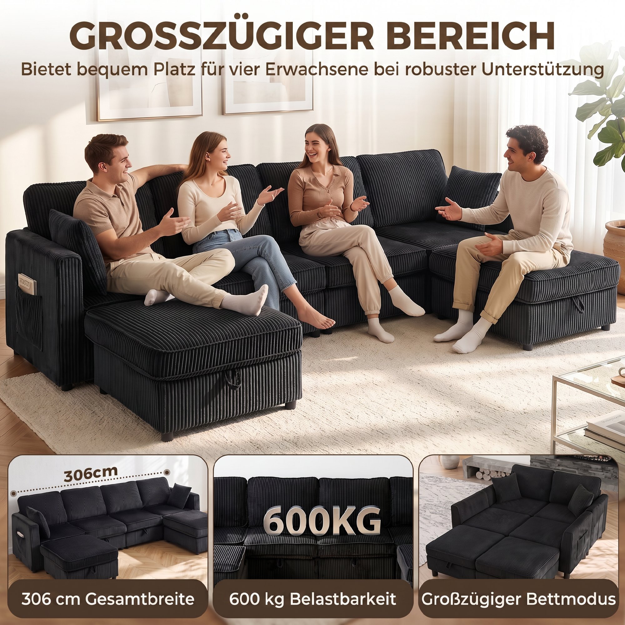 Ecksofa 4-Sitzer U-Form Sofa mit Stauraum-Ottomane, 306 cm Eckcouch mit Cord-Optik, 4 Kissen, für Wohnzimmer