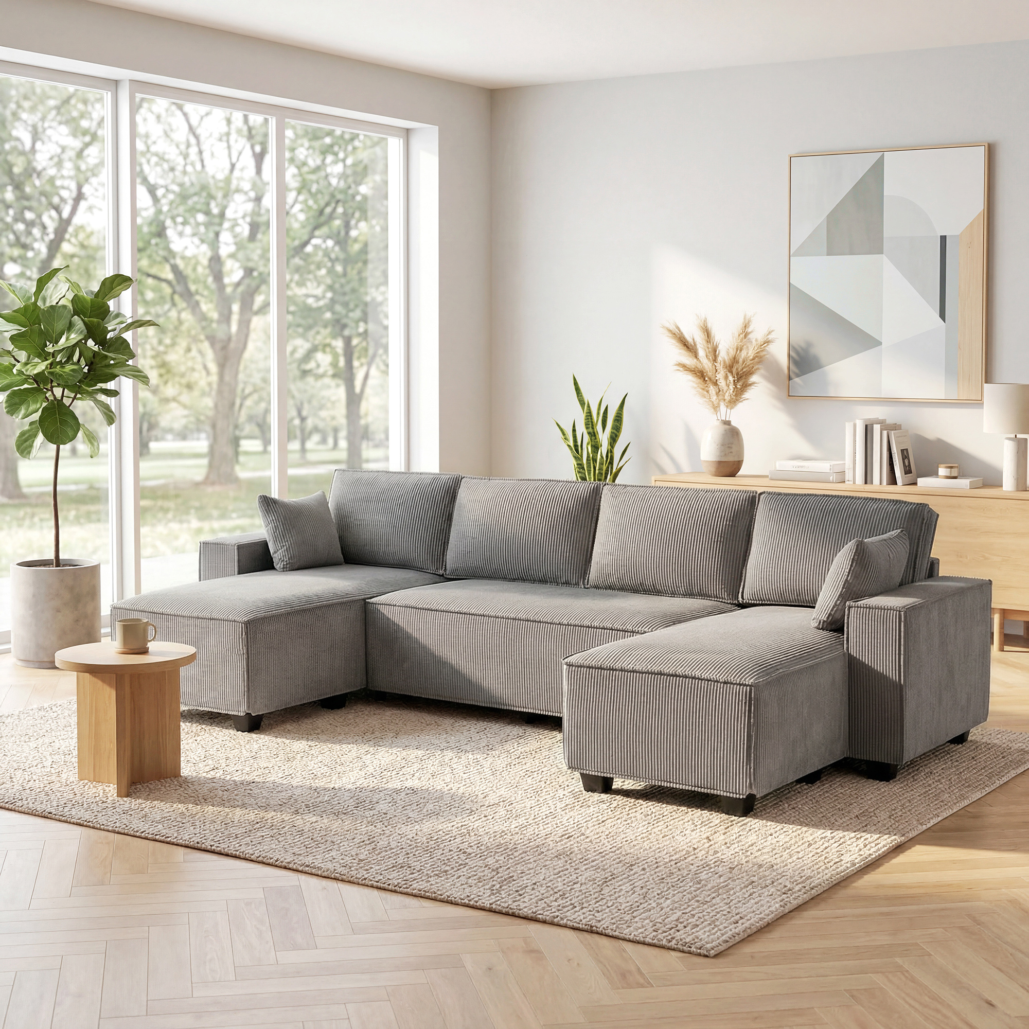 Ecksofa mit Doppel-Chaiselongues, U-förmiges Sofa aus Cordstoff mit breitem und tiefem Sitz, Federkernkissen, Hellgrau
