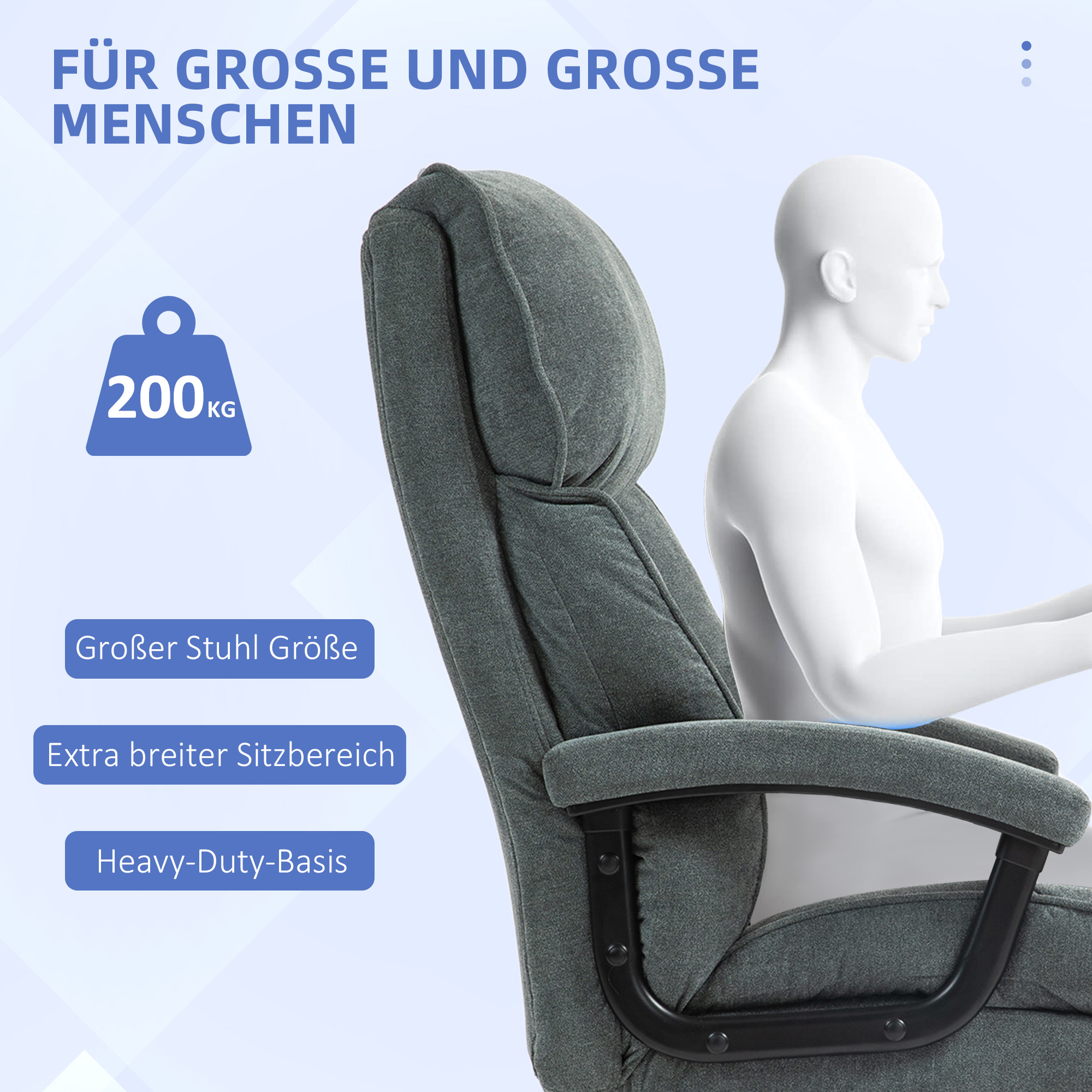 großer hoher Bürostuhl, 200 kg Tragekapazität, robuste Konstruktion, weicher Bezug, Grau