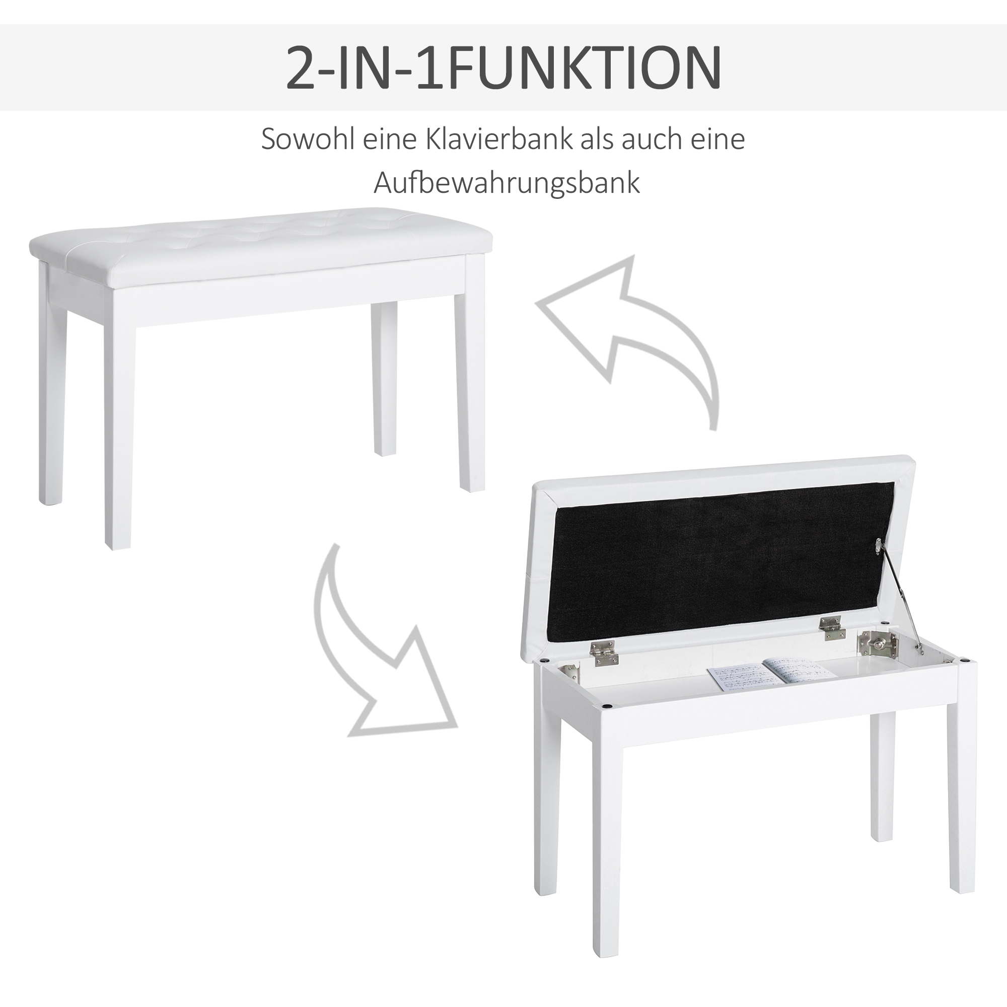 Klavierhocker, Klavierbank mit Verstecktem Stauraum, Klavierstuhl mit Kunstleder Kissen, Pianobank, Massivholz Keyboardbank für Piano, Keyboard, 76 x 36 x 50 cm, Weiß