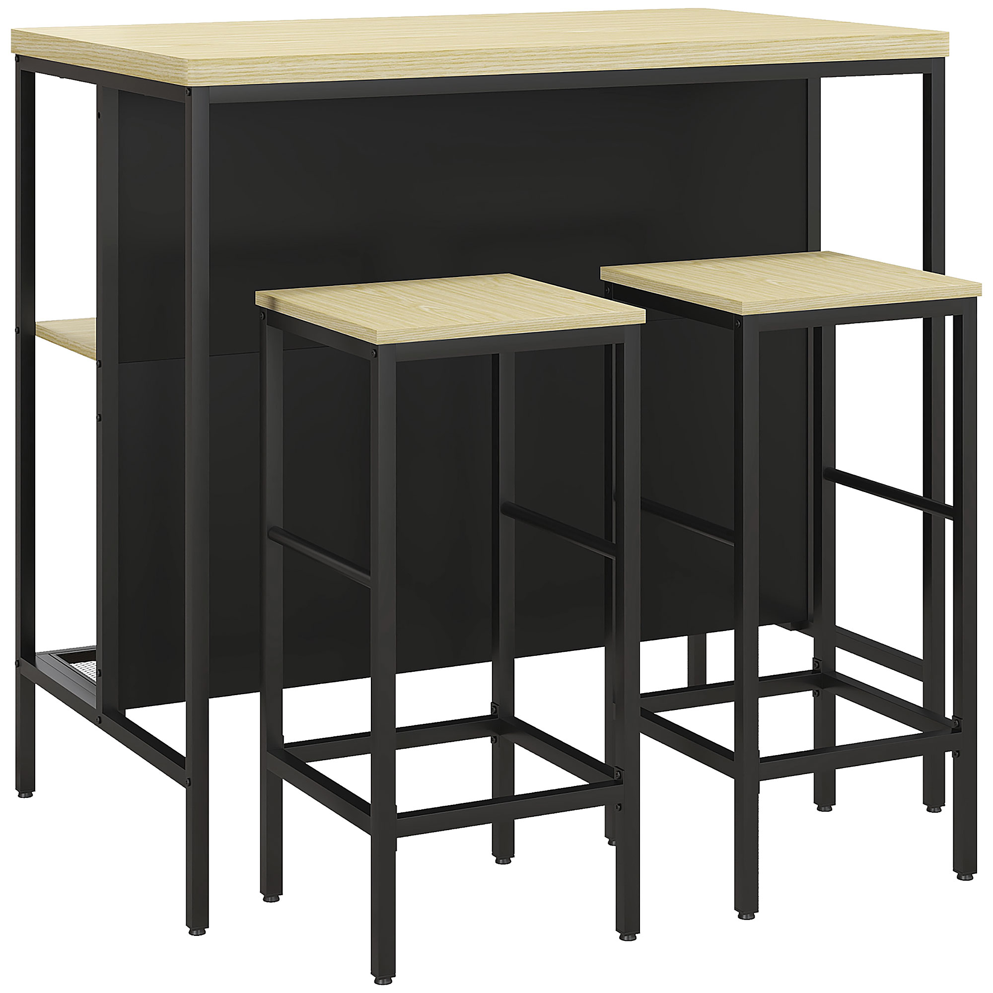 Bar-Set, 2 Barstühle & 1 Bartisch, fleckenresistent, stabil, Stahlrahmen, Schwarz/Eiche