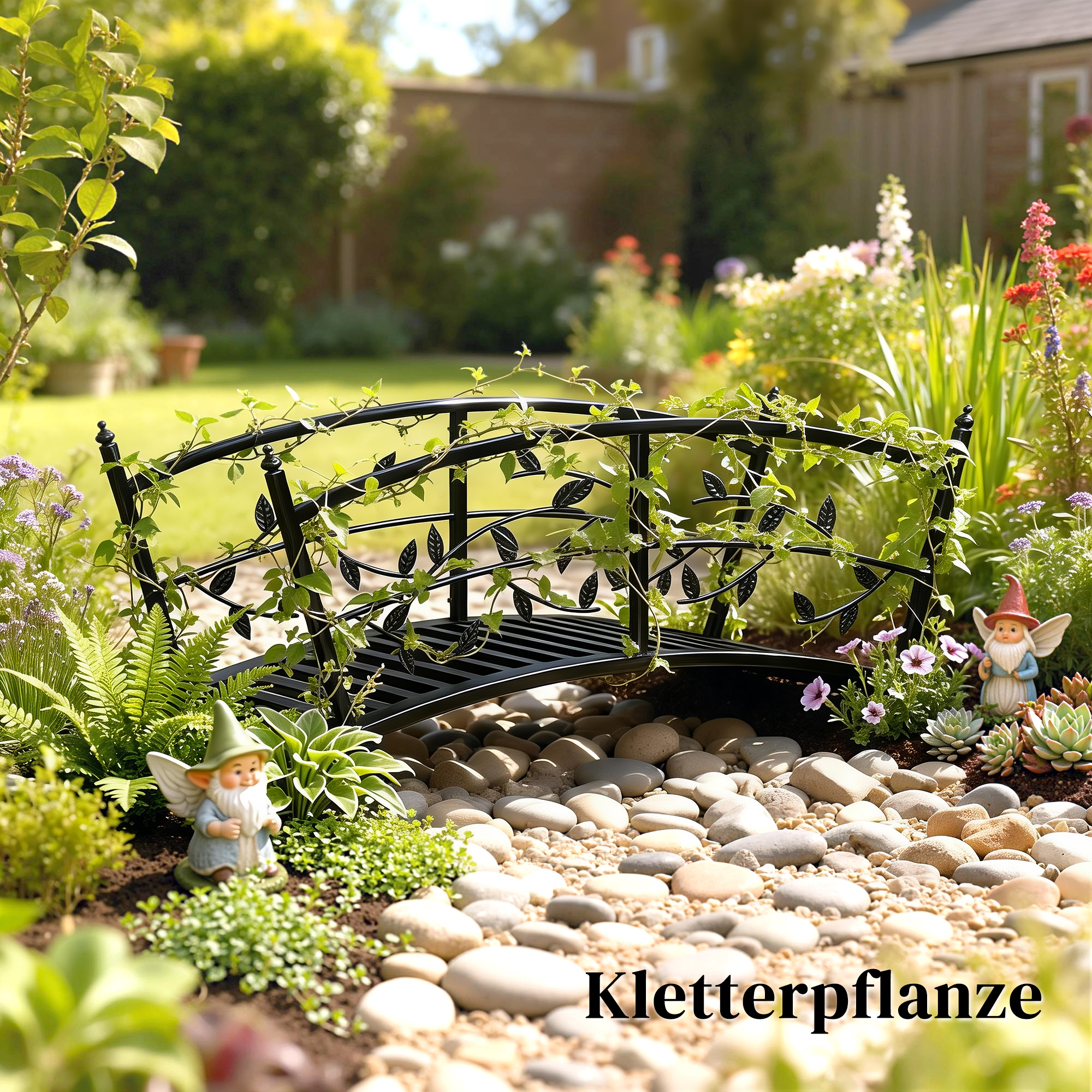 Gartenbrücke aus Metall 120 cm Teichbrücke mit Sicherheitsgeländern Antik-Optik Rostbeständig einfache Montage