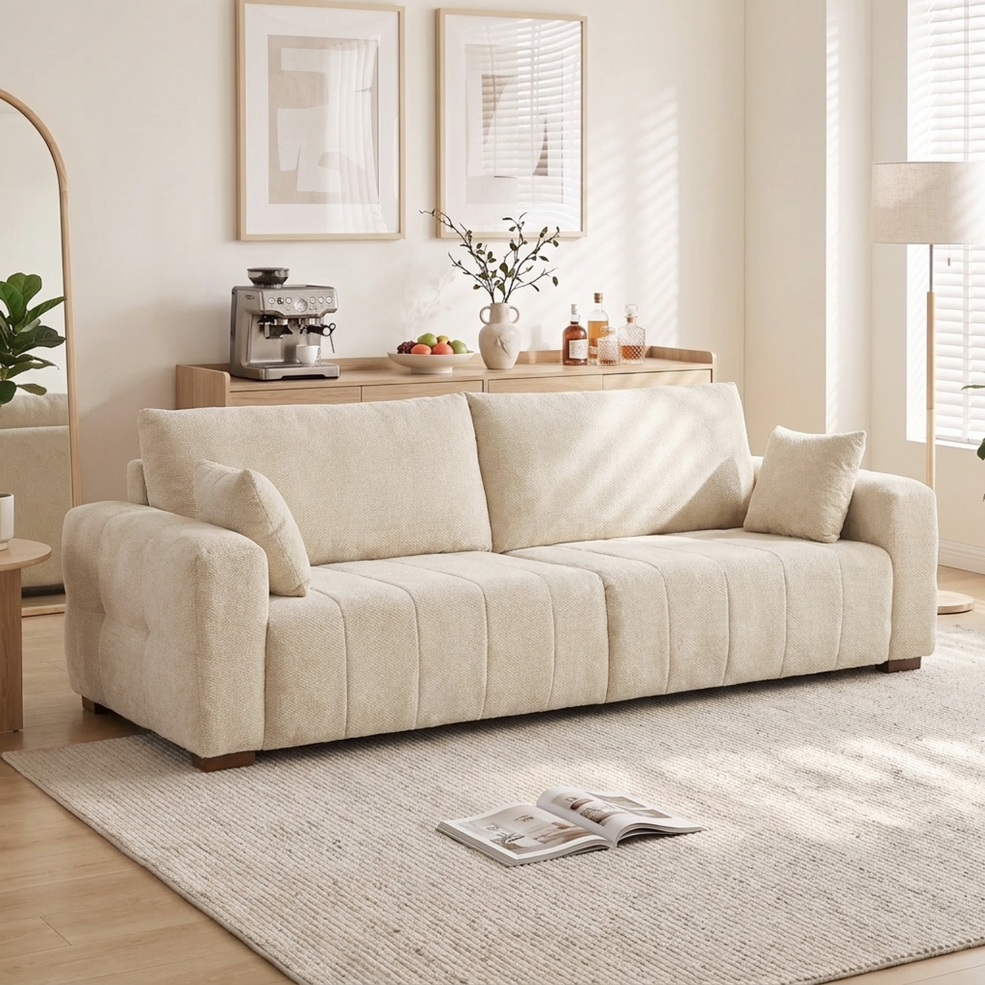 3-Sitzer Sofa mit bodentiefen Armlehnen gepolsterte Wohnzimmercouch Holzbeine Cremeweiß