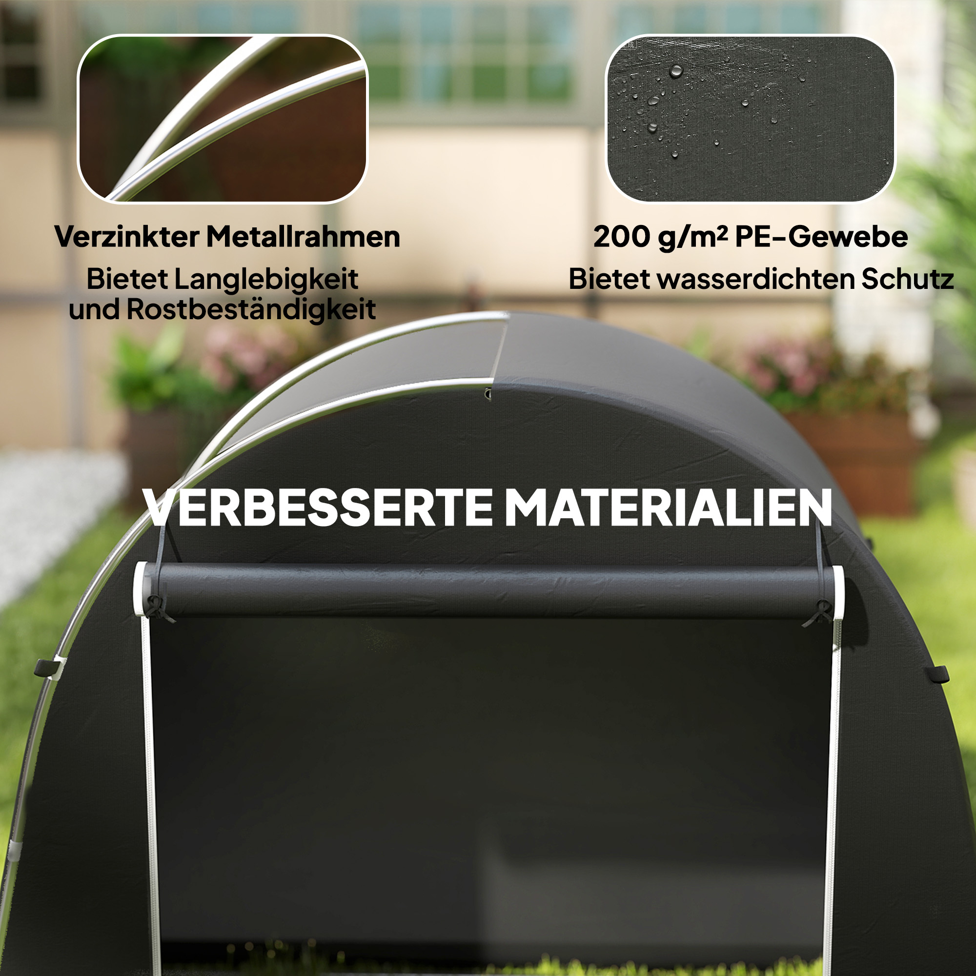 Tragbarer Gartenschuppen, Fahrradzelt, Rolltür mit Reißverschluss, Metallrahmen, vielseitige Aufbewahrung, Kunststoff-Abdeckung, Dunkelgrau