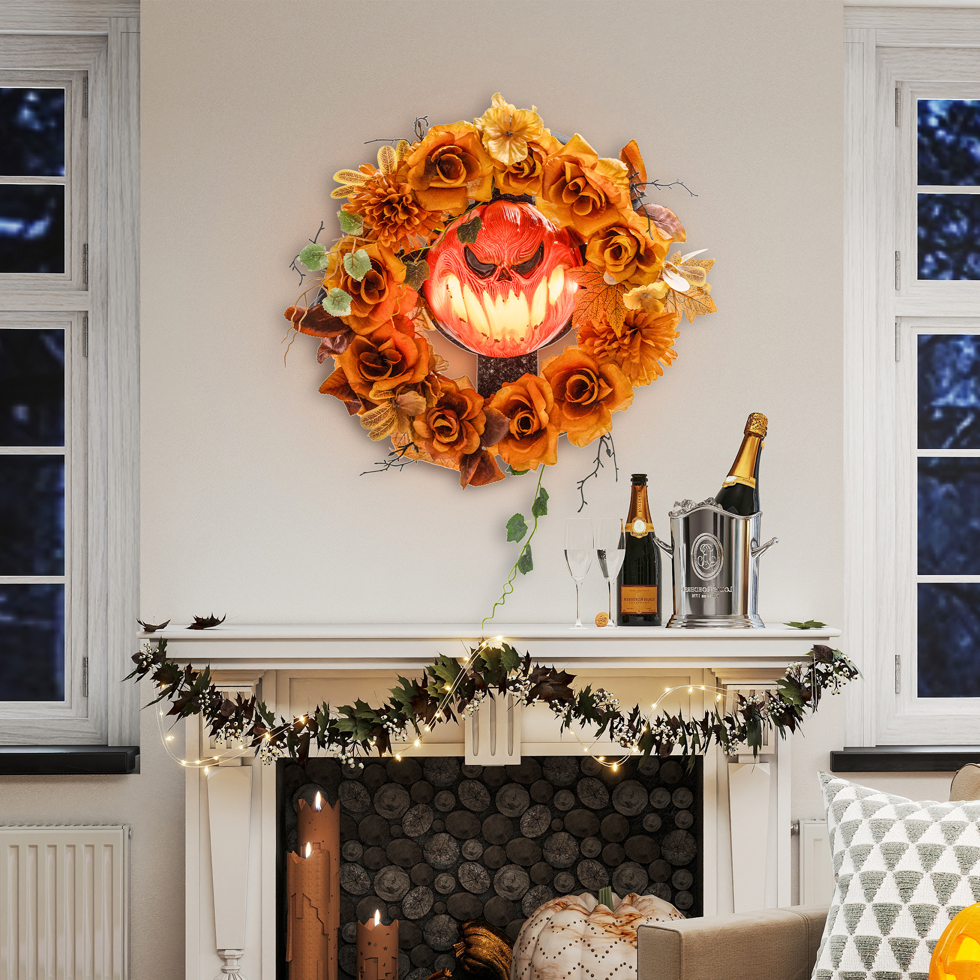 Halloween-Kranz, Grusel-Kürbis-Design, Herbstblätter, Lichteffekte, Kunststoff Halloween-Kranz, Grusel-Kürbis-Design, Herbstblätter, Lichteffekte, Kunststoff