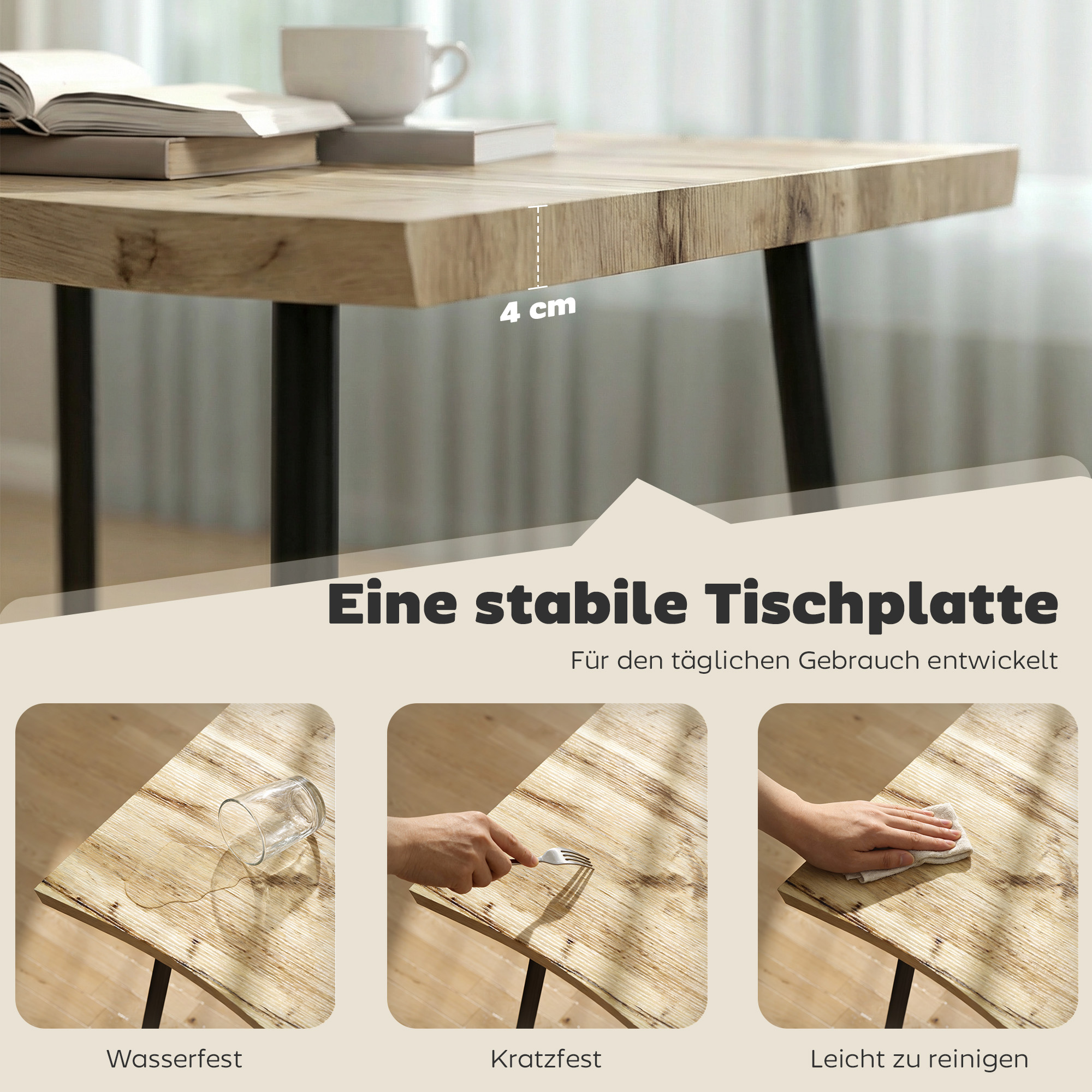 Esstisch für 4 Personen, 110 cm Nordischer Rechteckiger Küchentisch mit Stahlbeinen für Wohnzimmer und Esszimmer, Eiche