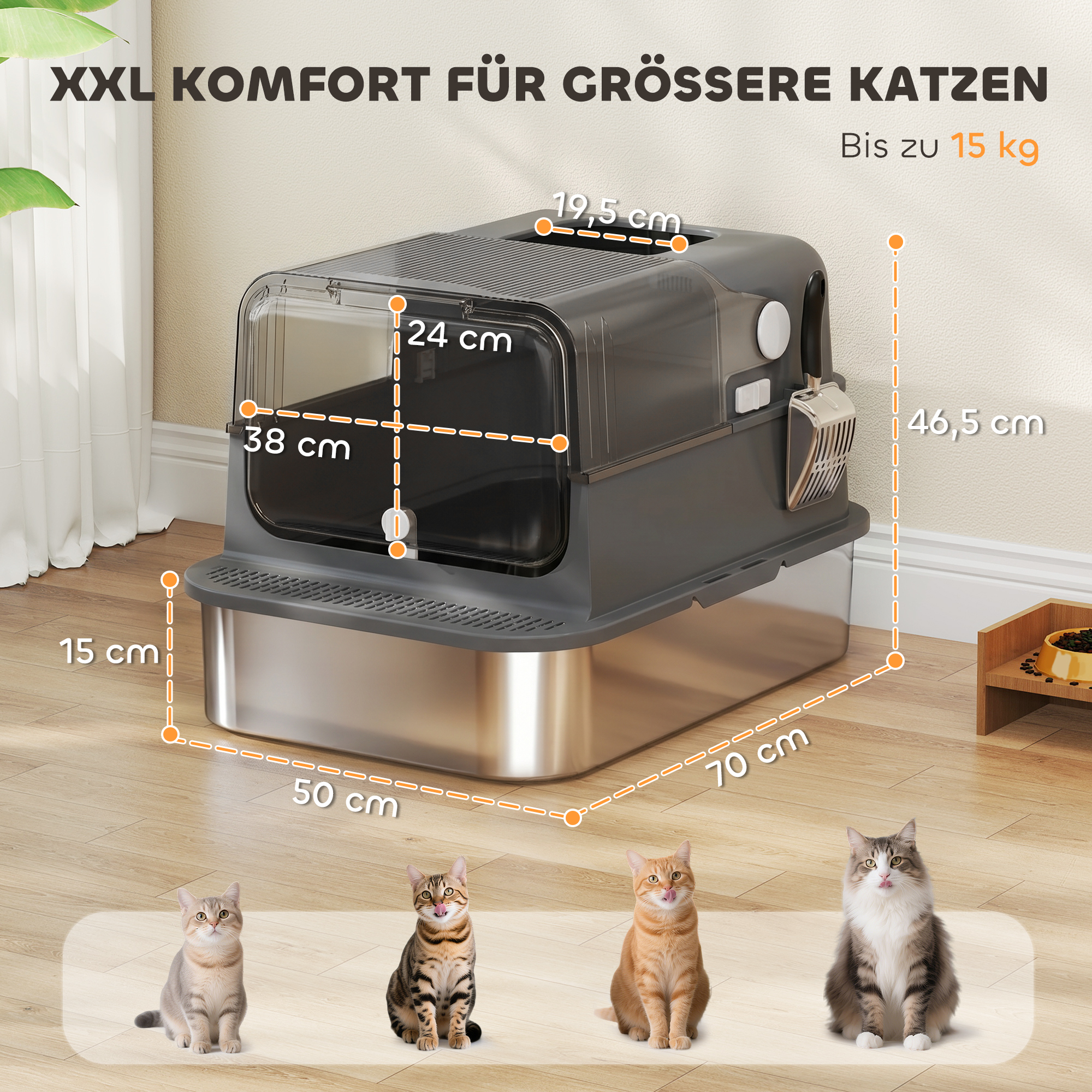 Katzenklo Edelstahl mit Deckel XXL 72L für große Katzen und Mehrere Katzen mit Doppeltüren Schaufel Pedal Anti-Leck