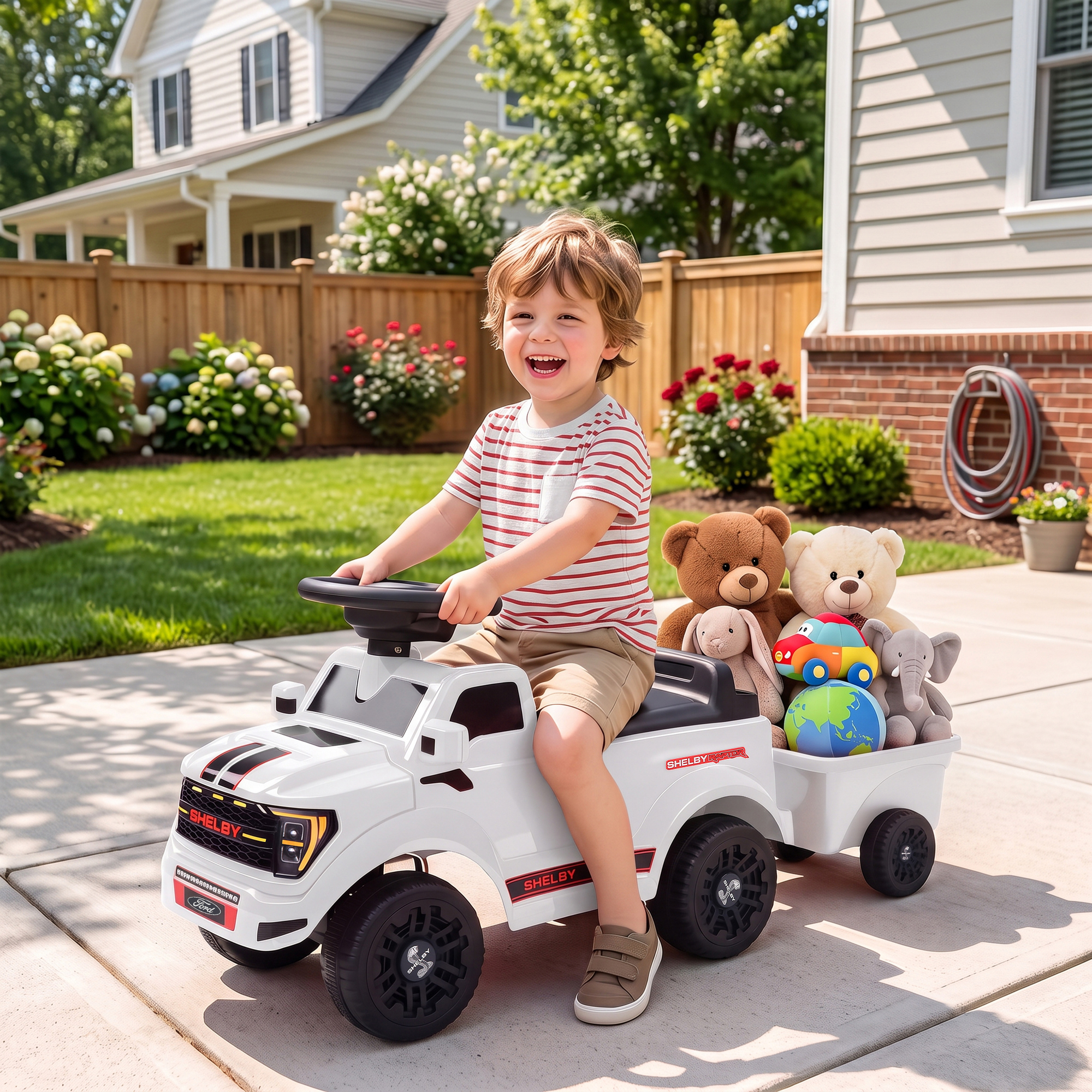 Rutschauto für Kleinkinder, Shelby Kinderauto mit hinterem Korb, aufklappbarer Motorhaube, für 18–72 Monate, Weiß