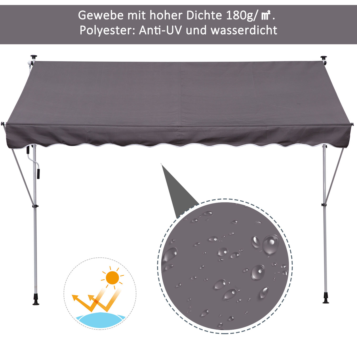 Klemmmarkise mit Handkurbel höhenverstellbar Gelenkarmmarkise schmutzabweisend, witterungsbeständig Balkonmarkise 150cm breit Terrassenmarkise für Terrasse Balkon Veranda Grau
