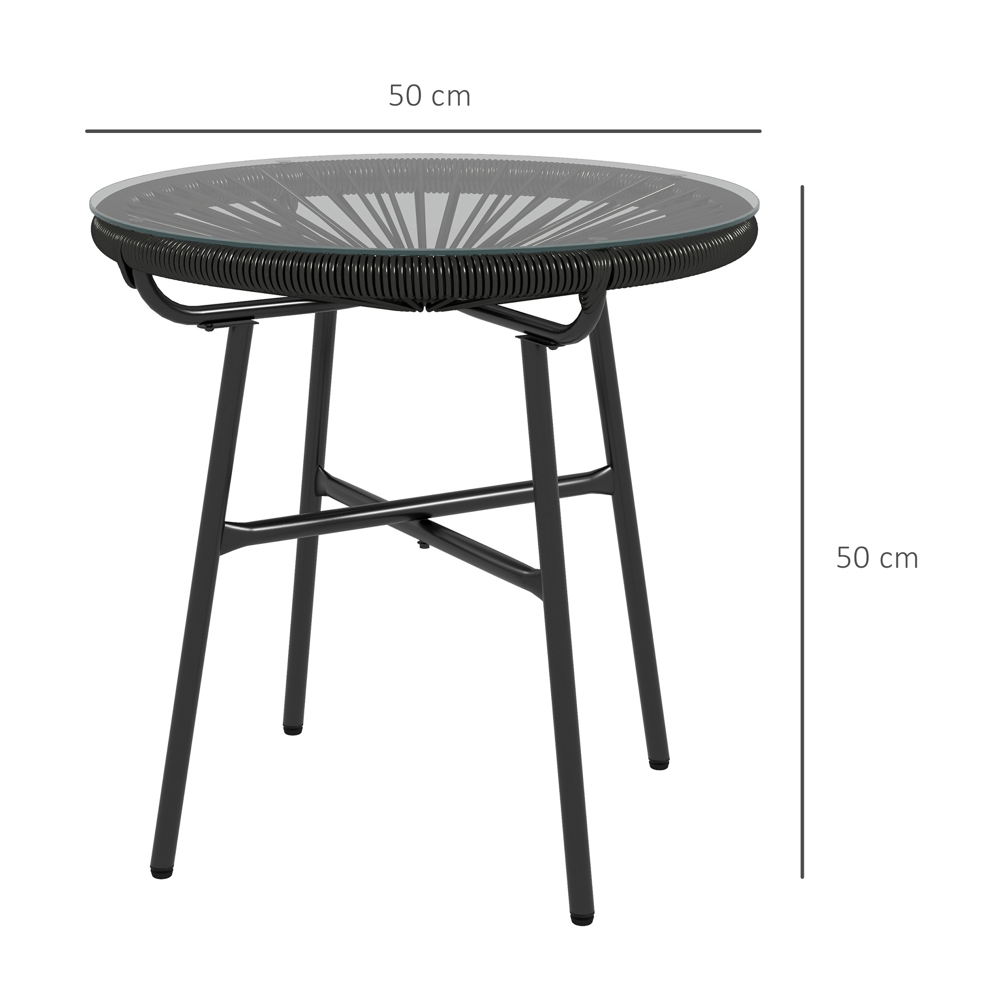 Gartentisch Boho-Stil Outdoor Beistelltisch, PE-Rattan, gehärtetes Glas, wetterbeständig, 50 cm x 50 cm x 50 cm, Schwarz