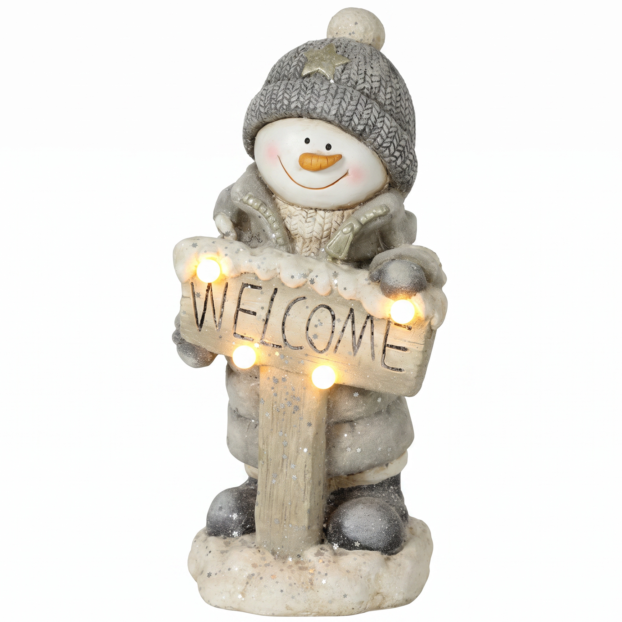 Weihnachtsdeko Schneemann-Figur, beleuchtete Weihnachtsstatue aus MGO mit Welcome-Schild, LEDs und Tages-Timer