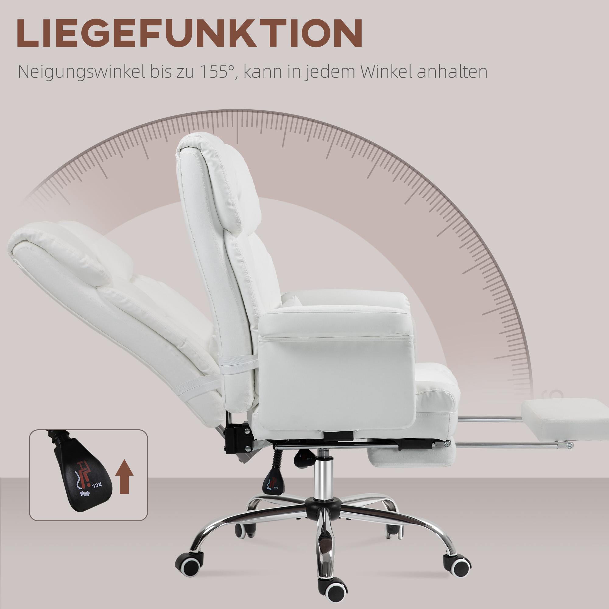 ergonomischer Bürostuhl, höhenverstellbar 48-56 cm, neigbare Rückenlehne, Fußstütze, Weiß