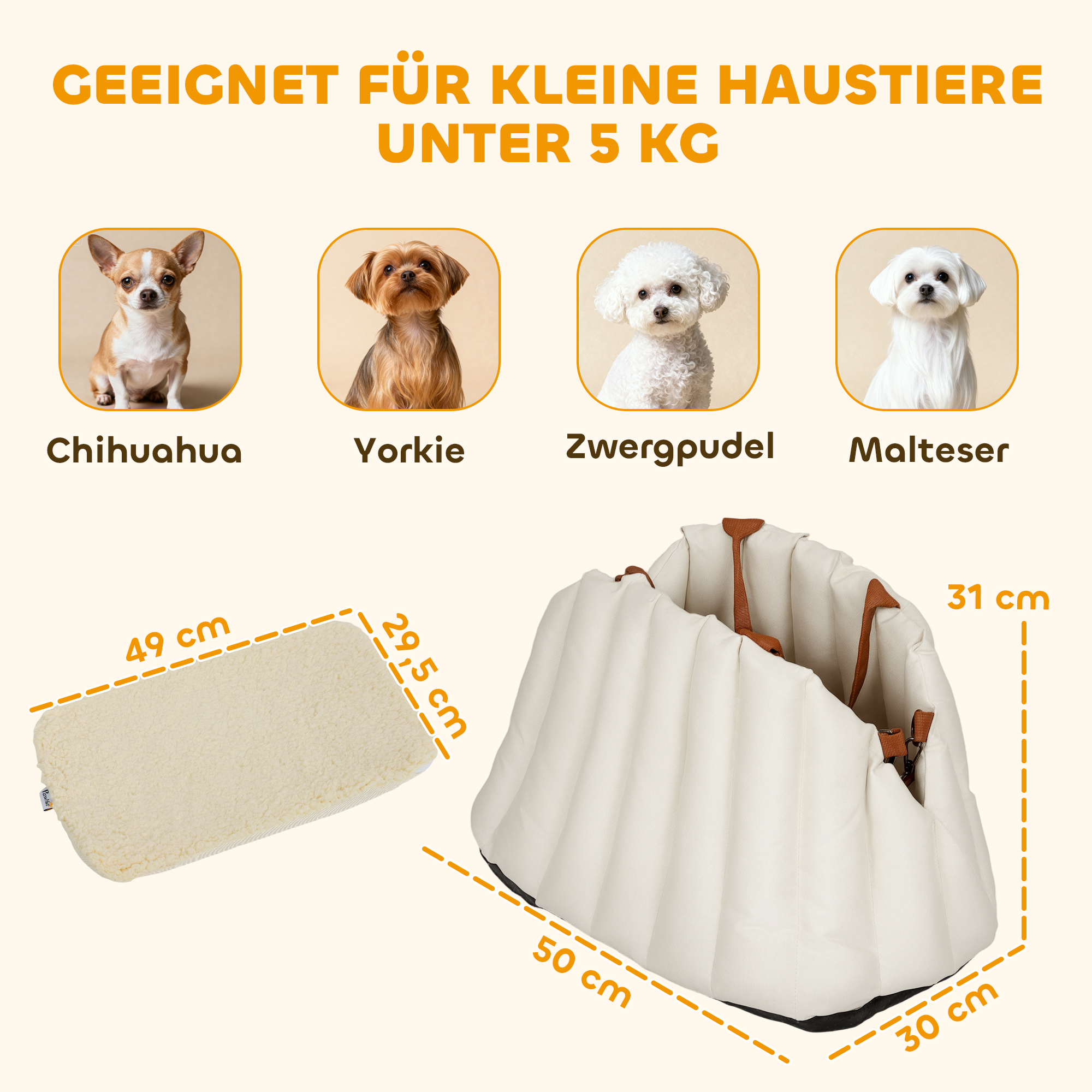 Hundetasche Hundetragetasche für Hunde unter 5 kg, 2 Gurte, Oxford-Stoff, Kissen, Leine, Cremeweiß