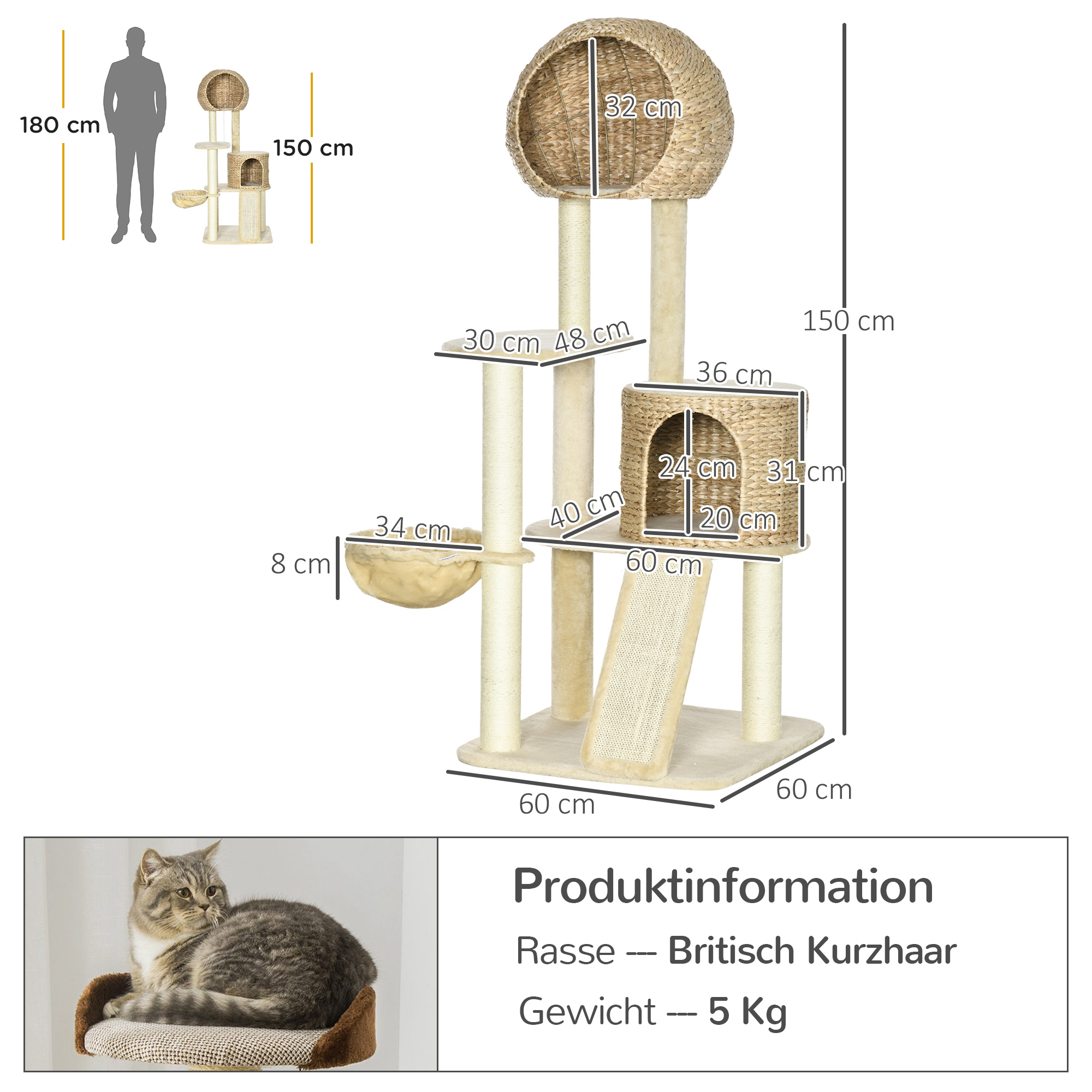 Kratzbaum, mit Katzenhaus, mehrere Plattformen, Hängematte, Kratzmatte, Kippschutz, beige, 60 x 60 x 150cm