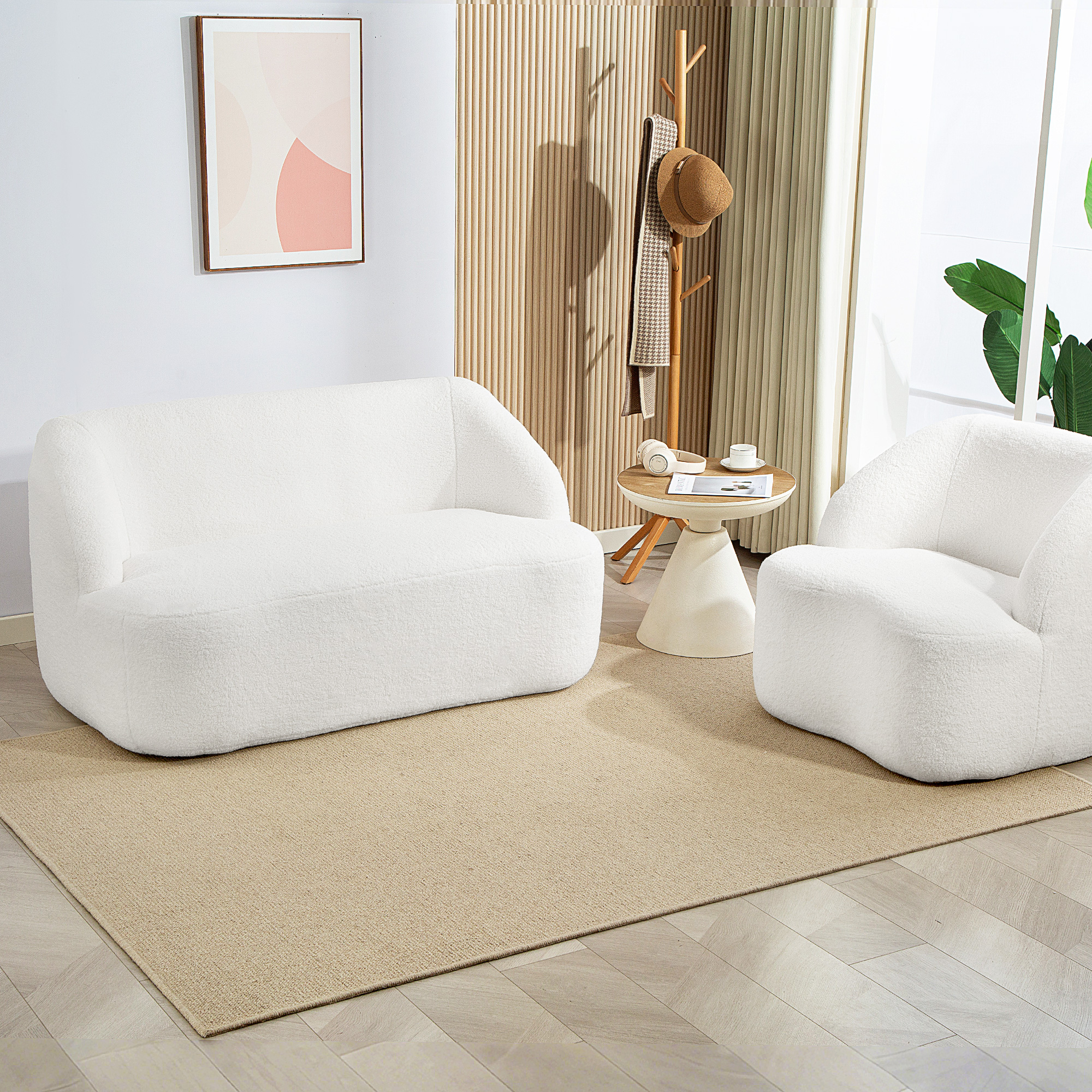 2-Sitzer-Sofa, geschwungenes Design, Polstersofa mit Fleece-Bezug, für Wohnzimmer, Schlafzimmer, Homeoffice, Cremeweiß
