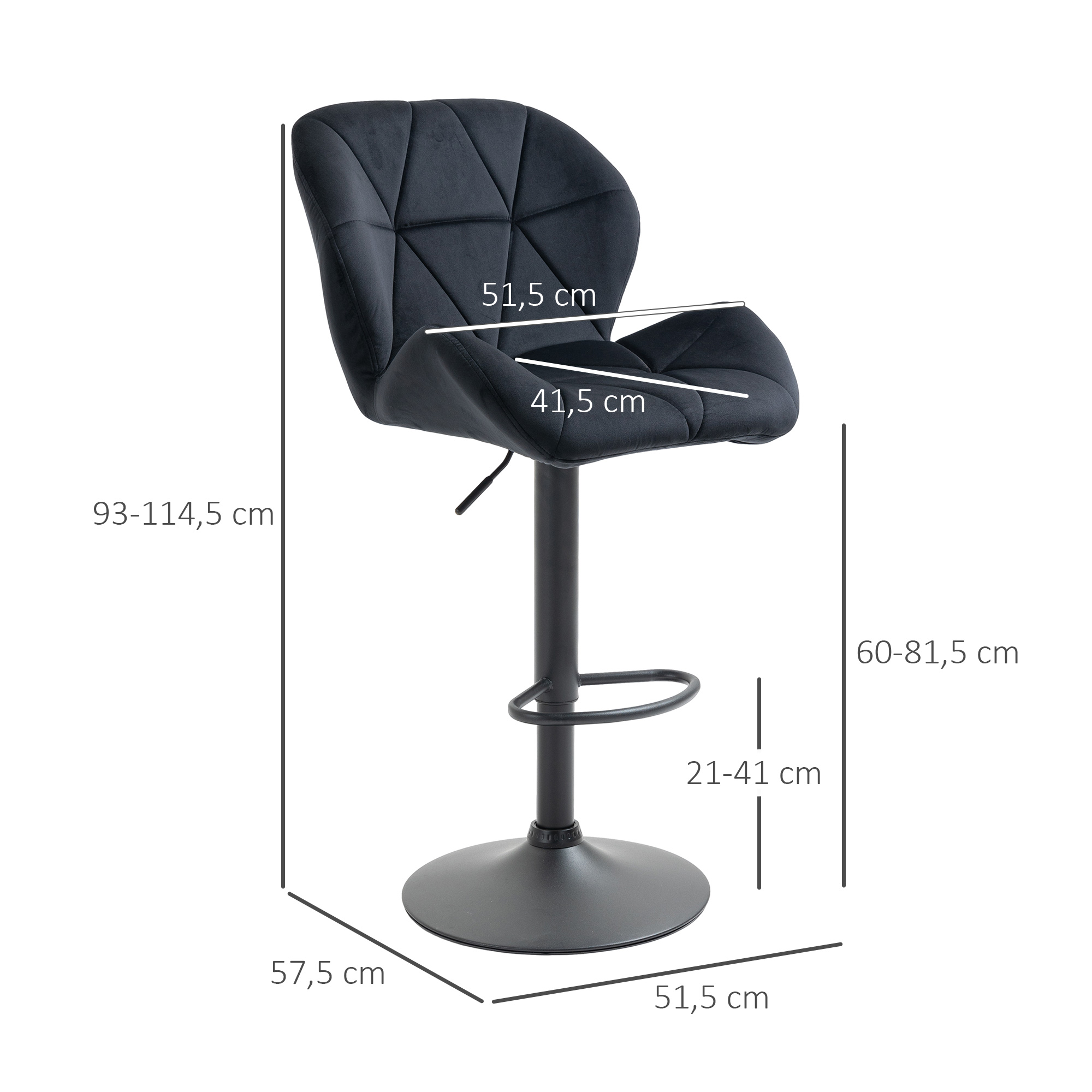 2er-Set Barhocker drehbare Barstühle mit Lehne höhenverstellbarer Bistrohocker Tresenhocker Samt Touch armloser Schaumstoff Schwarz 51,5x 57,5 x 93-114,5 cm