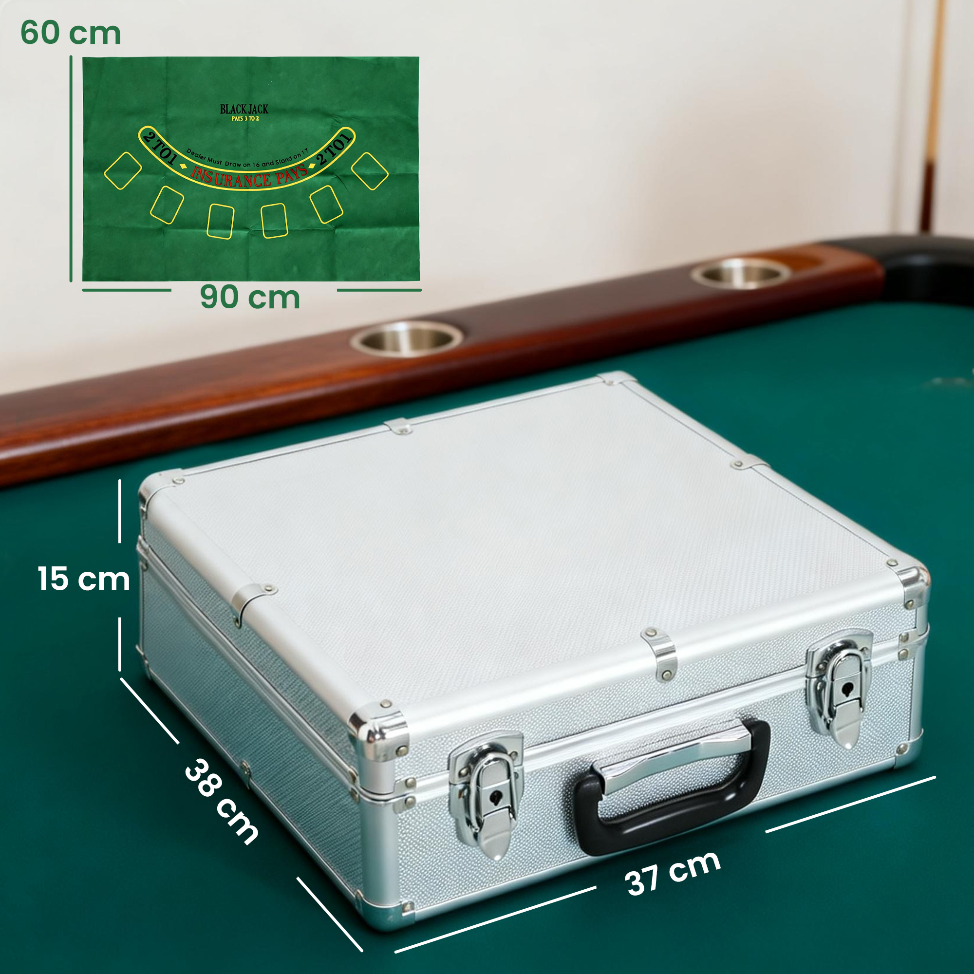 Poker-Set, 500 Chips, Würfel, 2 Kartendecks, Zubehör, Koffer, für 10 Spieler