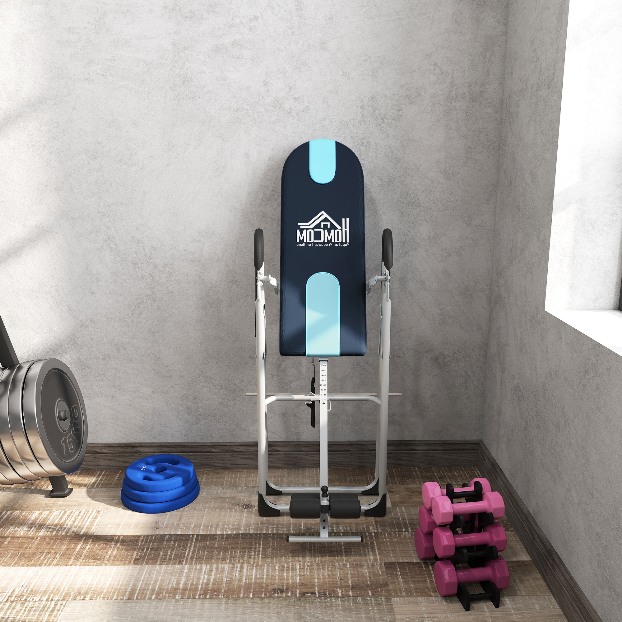 Inversionsbank klappbar Schwerkrafttrainer mit Sicherheitsgurt Inversionstisch bis 136kg Stahl Silber+Schwarz+Blau