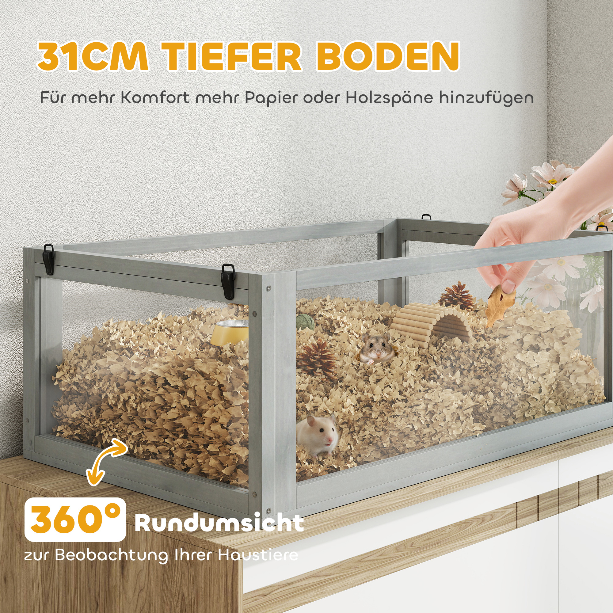 Hamsterkäfig Holz, 3 Etagen mit Untergeschoss, abnehmbare Ebene, für Kleintiere, 80x50x76cm, Hellgrau