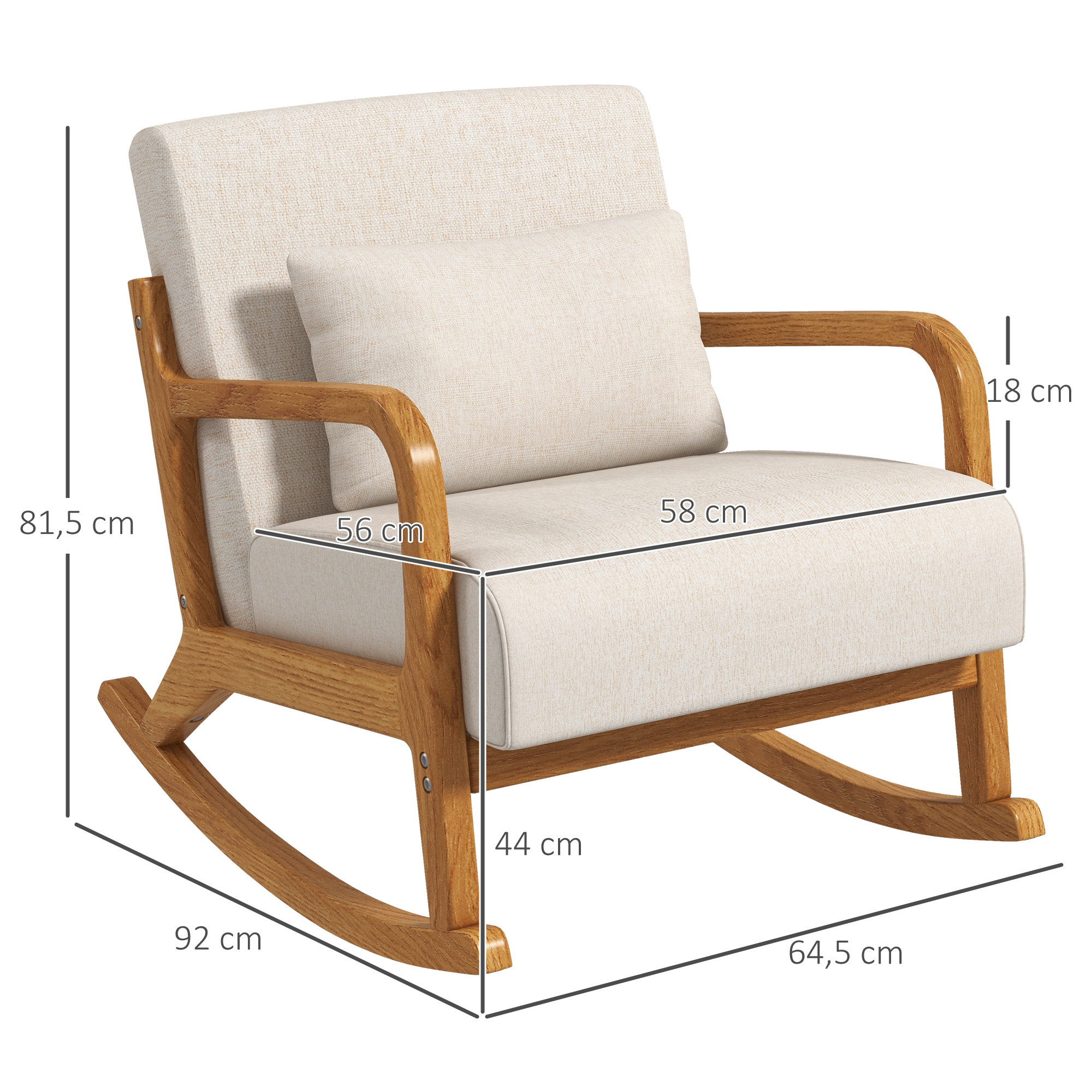Schaukelstuhl im Retrodesign, Gummibaumholz, 64,5 cm x 92 cm x 81, 5 cm, Beige + Braun