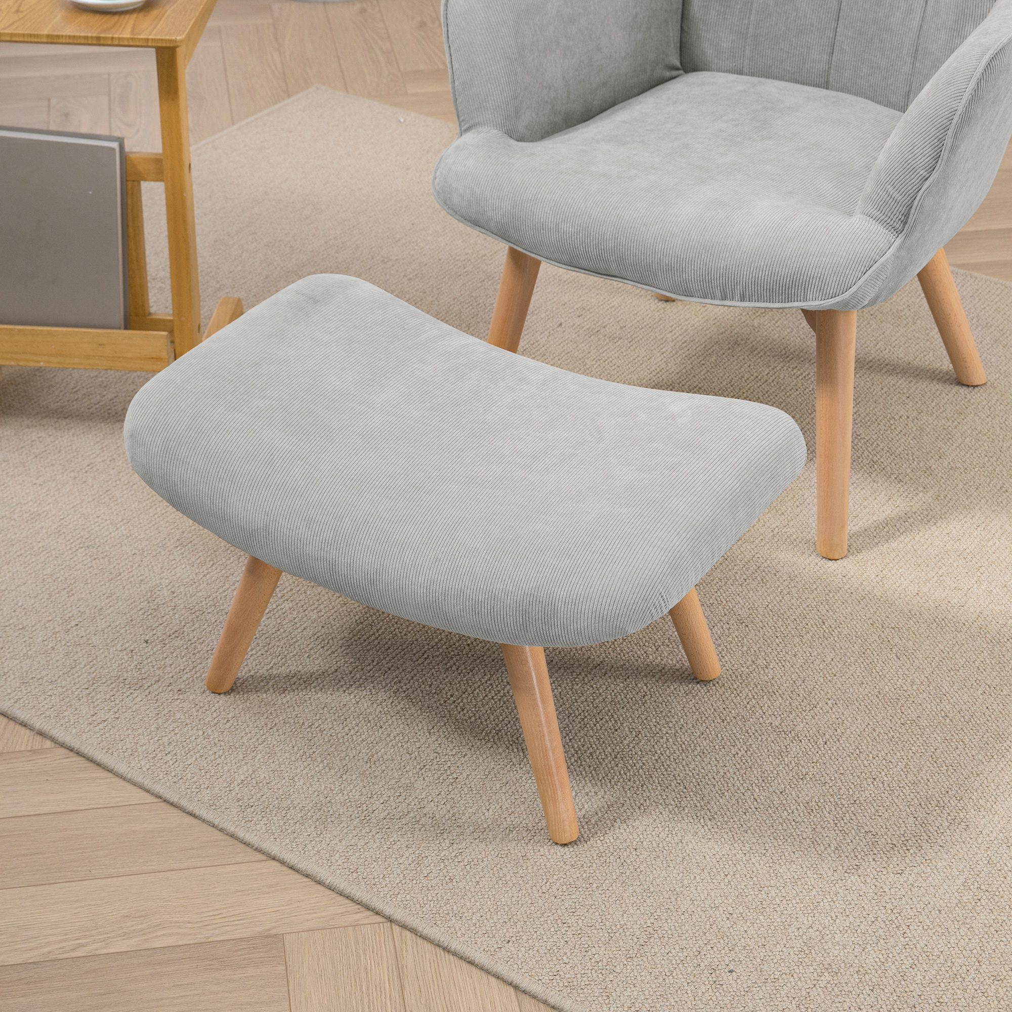 Akzentsessel mit Hocker, Relaxsessel in Cord-Optik, Armlehnstuhl mit Holzbeinen, für Wohnzimmer, Grau