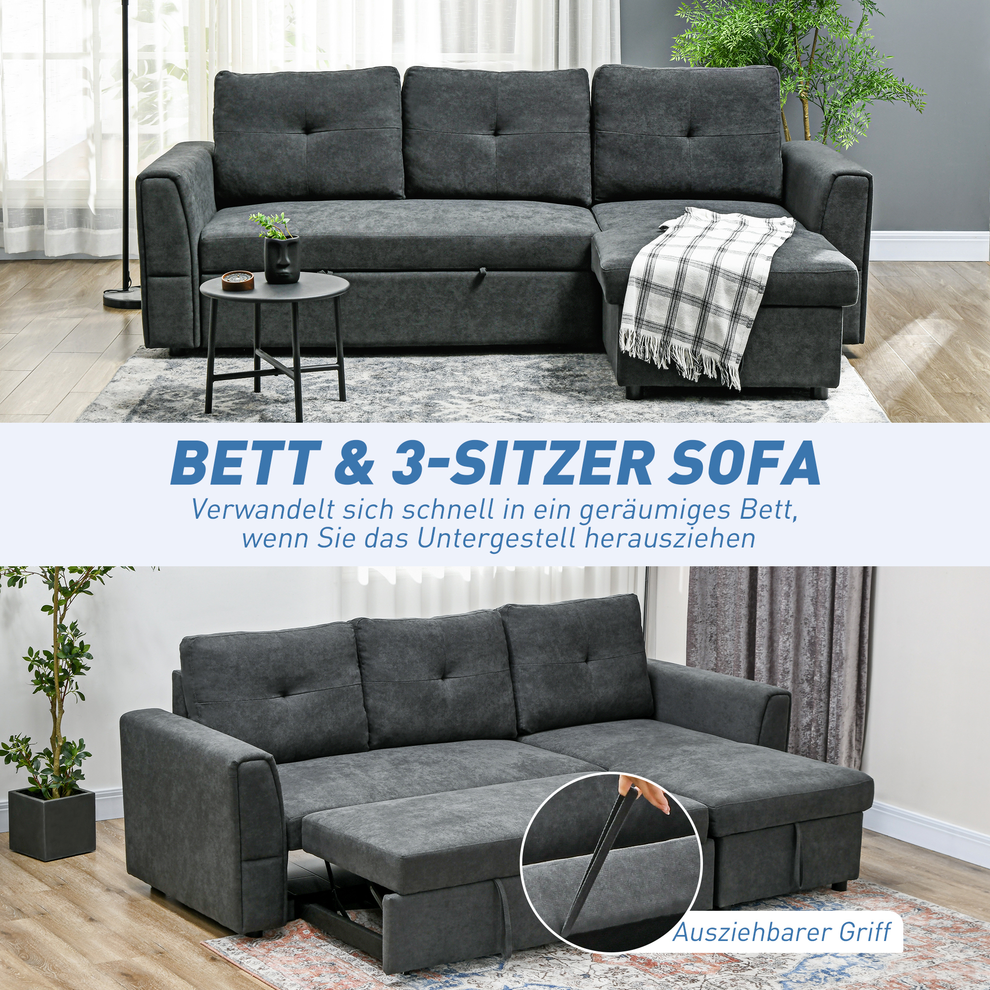 3-Sitzer-Sofa mit Bettfunktion, Schlafsofa mit Chaiselongue, Polstersofa, Dunkelgrau