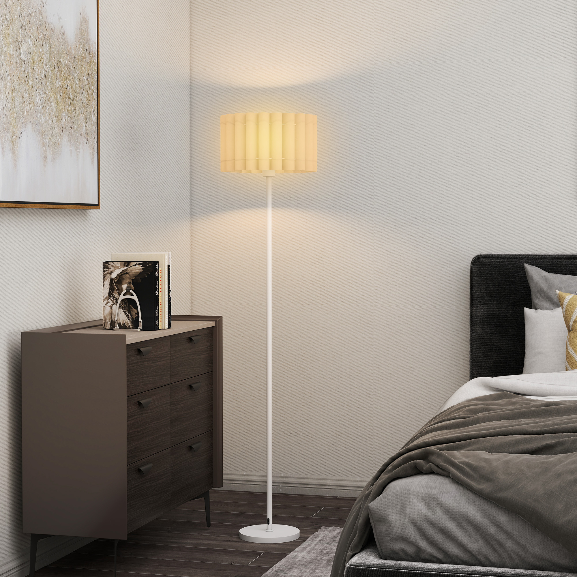 Stehlampe im Retro-Stil, Kunststoff-Lampenschirm, Fußschalter, Metallstab, Weiß