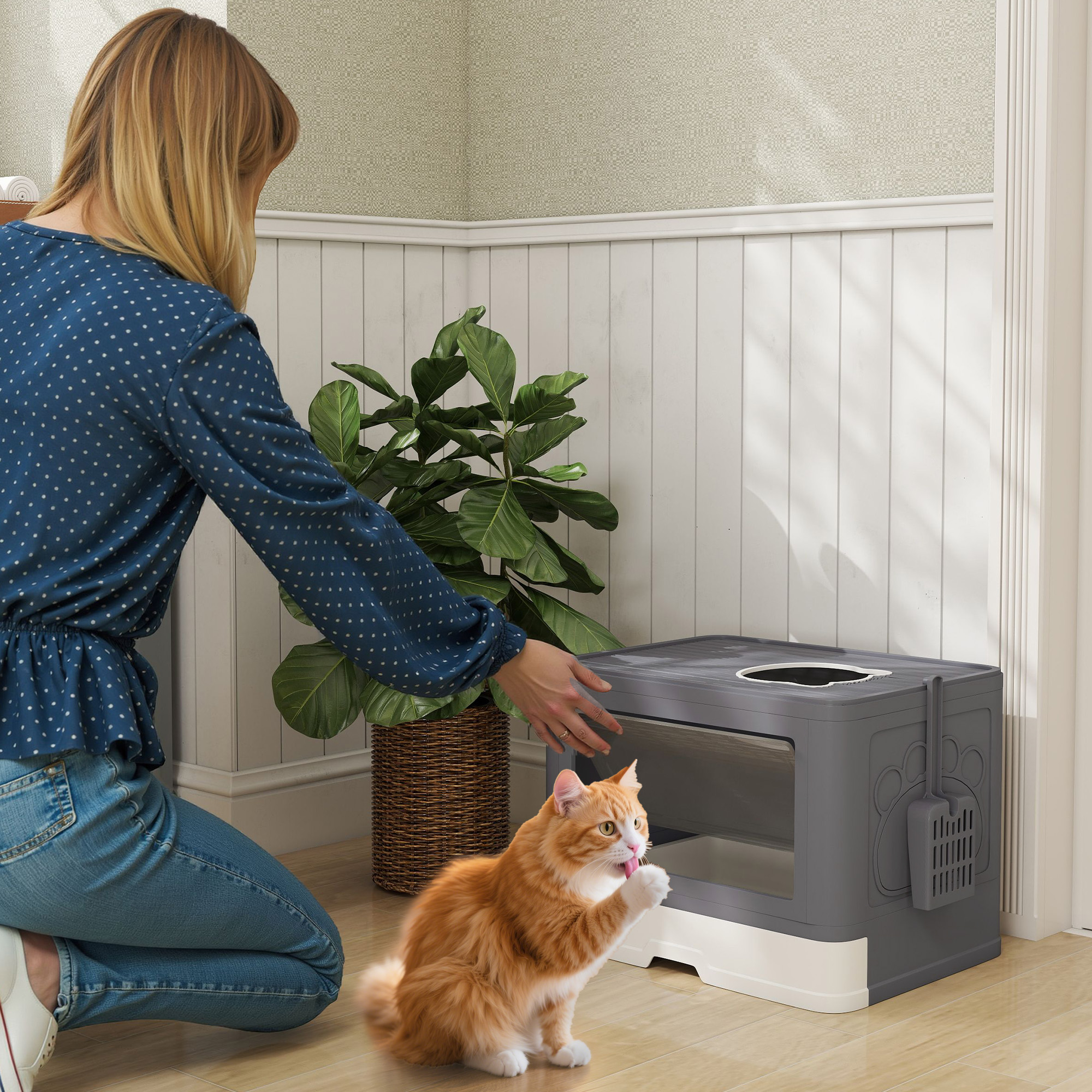 Katzentoilette Katzenklo Katzentoillete mit Abdeckung, 2 Ausgänge, 48,5 x 38 x 36,5 cm, Grau + Weiß