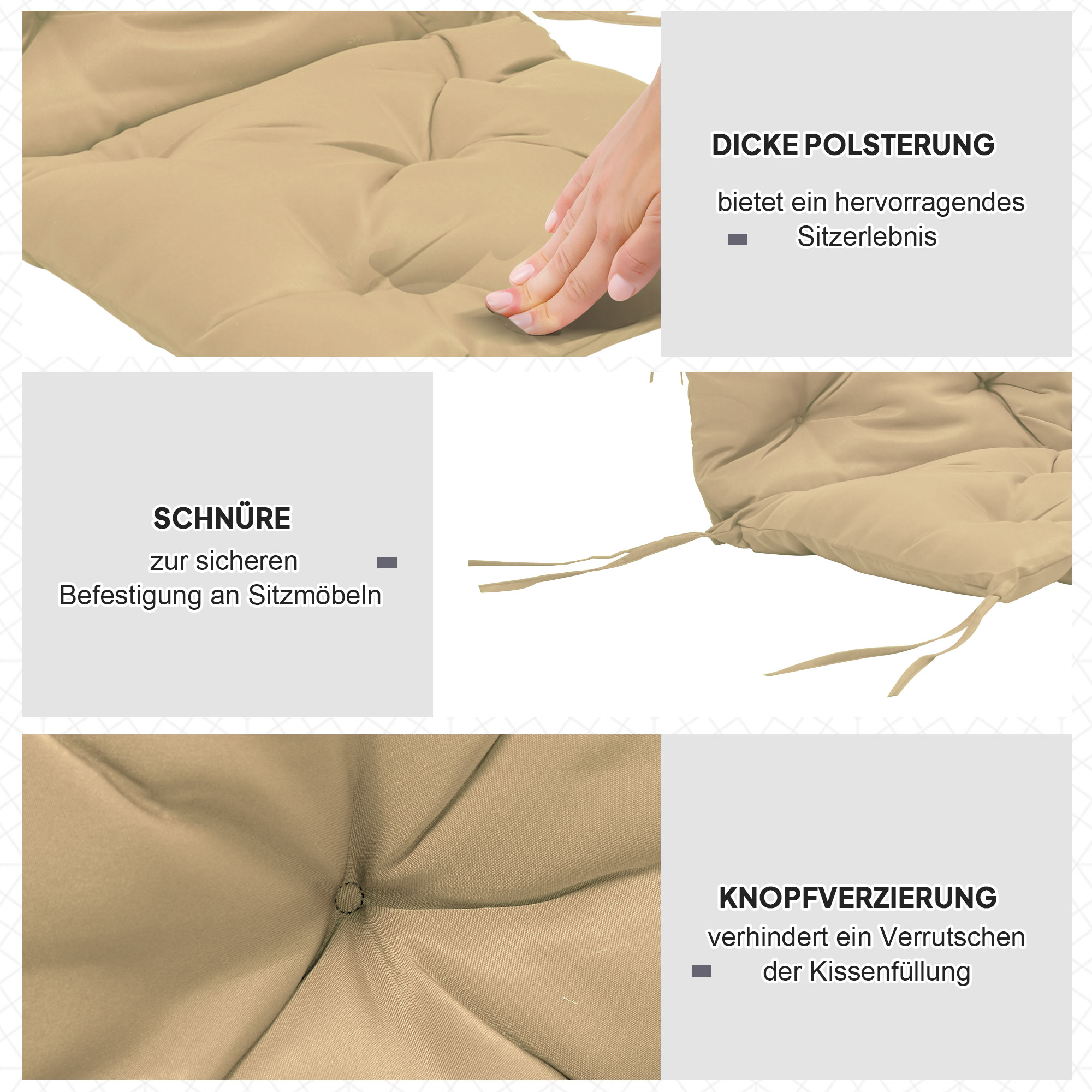 2er-Set Sitzkissen, 98 x 50 cm Stuhlkissen mit Bindebänder, Stoffbezug, 8cm dick Khaki