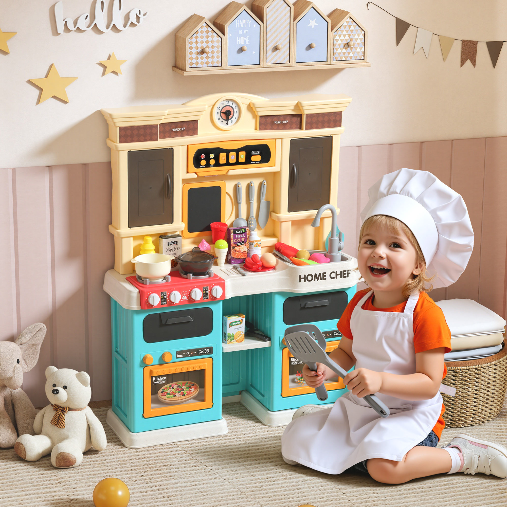 Spielküche mit fließendem Wasser, 85-teiliges Zubehör, elektrischer Wasserhahn, Lichter, Geräusche, für Kinder von 3-6 Jahren, Kunststoff, Grün