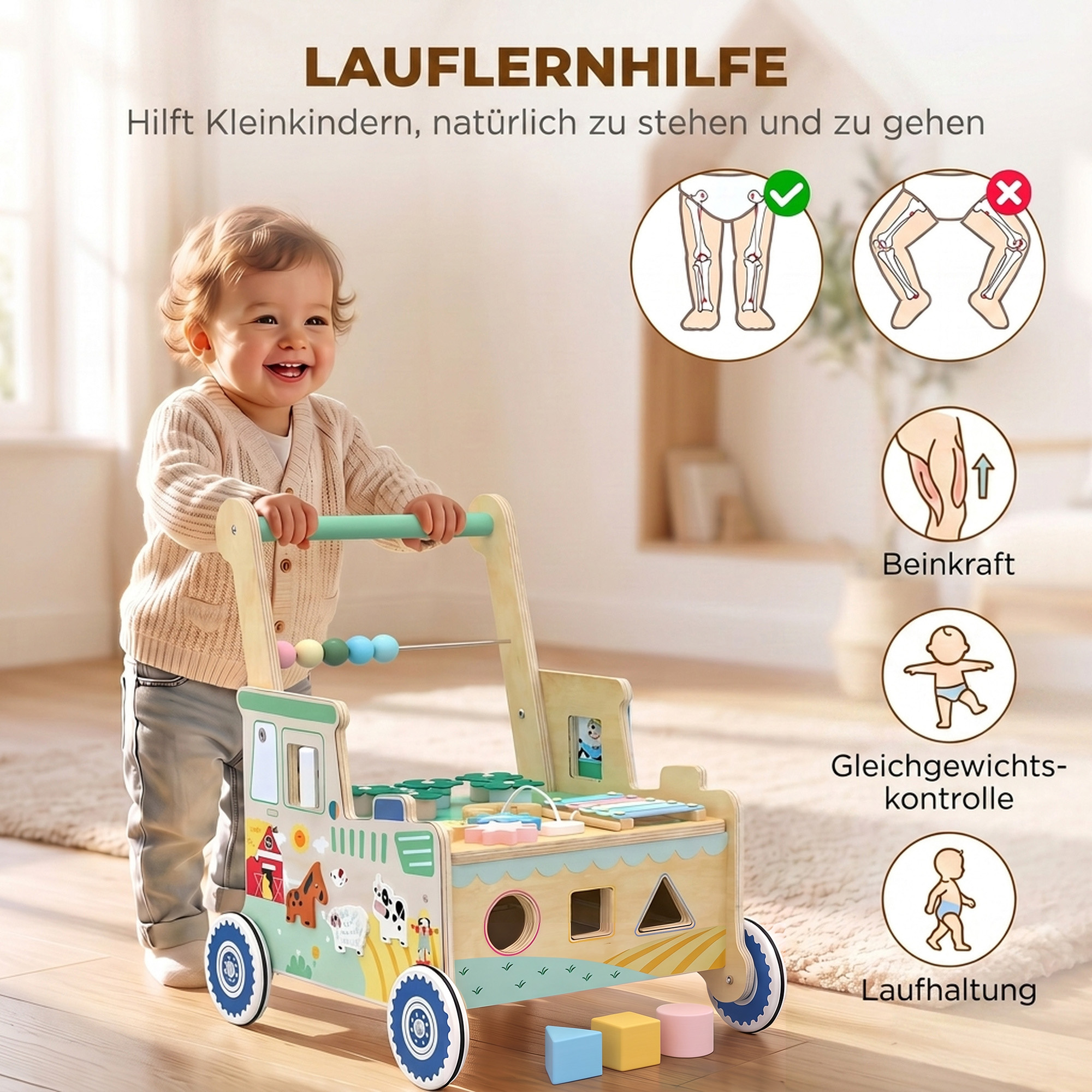Baby Lauflernwagen Lauflernhilfe mit Rädern Bauklötze Stauraum Montessori Aktivitätszentrum für 1-3 Jahre Grün