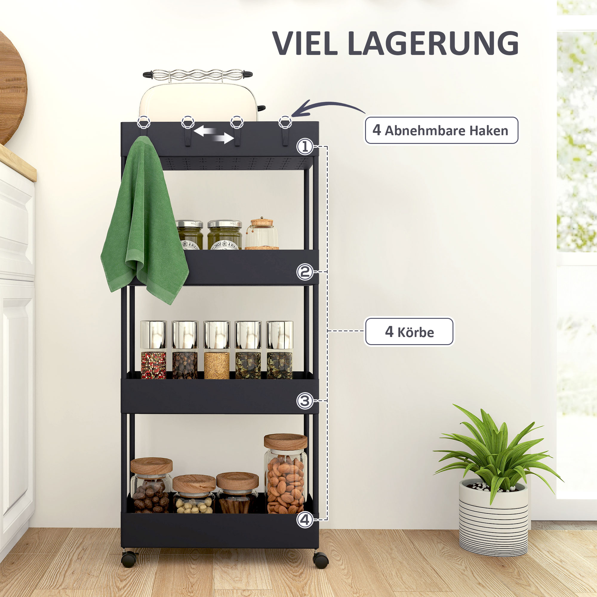 Küchenwagen mit 4 Regalen, 4 flexiblen Haken, 4 Rollen, 40 cm x 19 cm x 90 cm, Nischenwagen, Schwarz