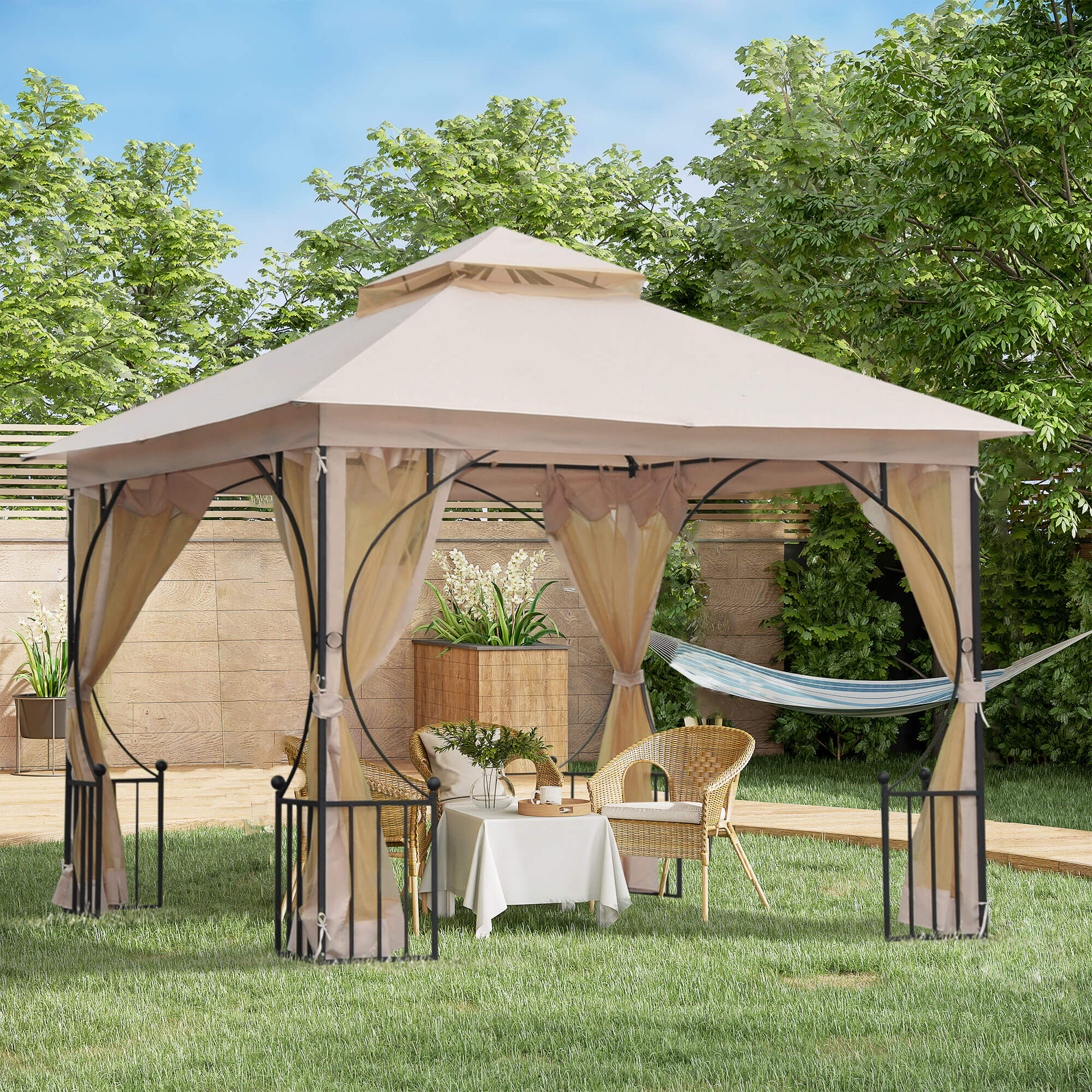 Gartenpavillon Gartenzelt,  inkl. Befestigungsmaterial, wetterbeständig, 295 cm x 295 cm x 275 cm. Beige + Schwarz