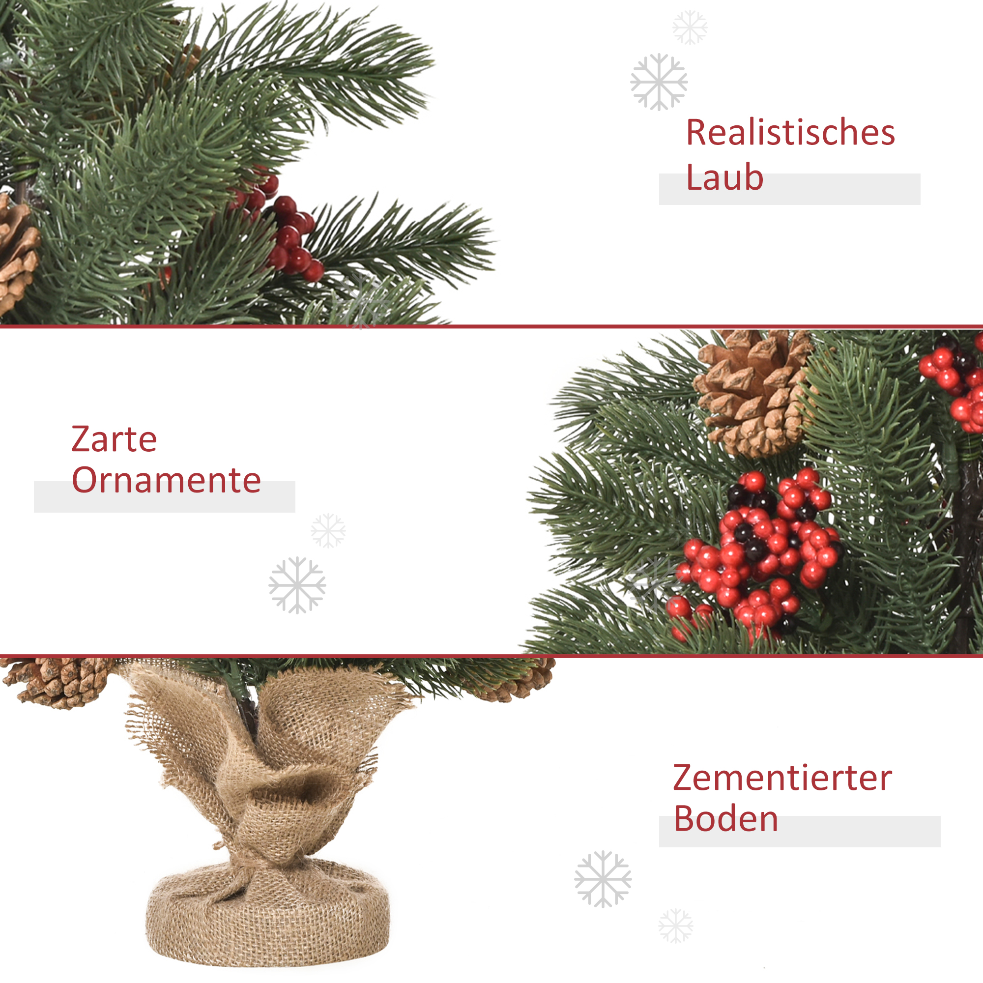 Mini-Weihnachtsbaum Weihnachtsdekoration, inkl. Schmuck, rote Beeren, 50 cm hoch, inkl. Zementsockel, Grün + Mehrfarbig